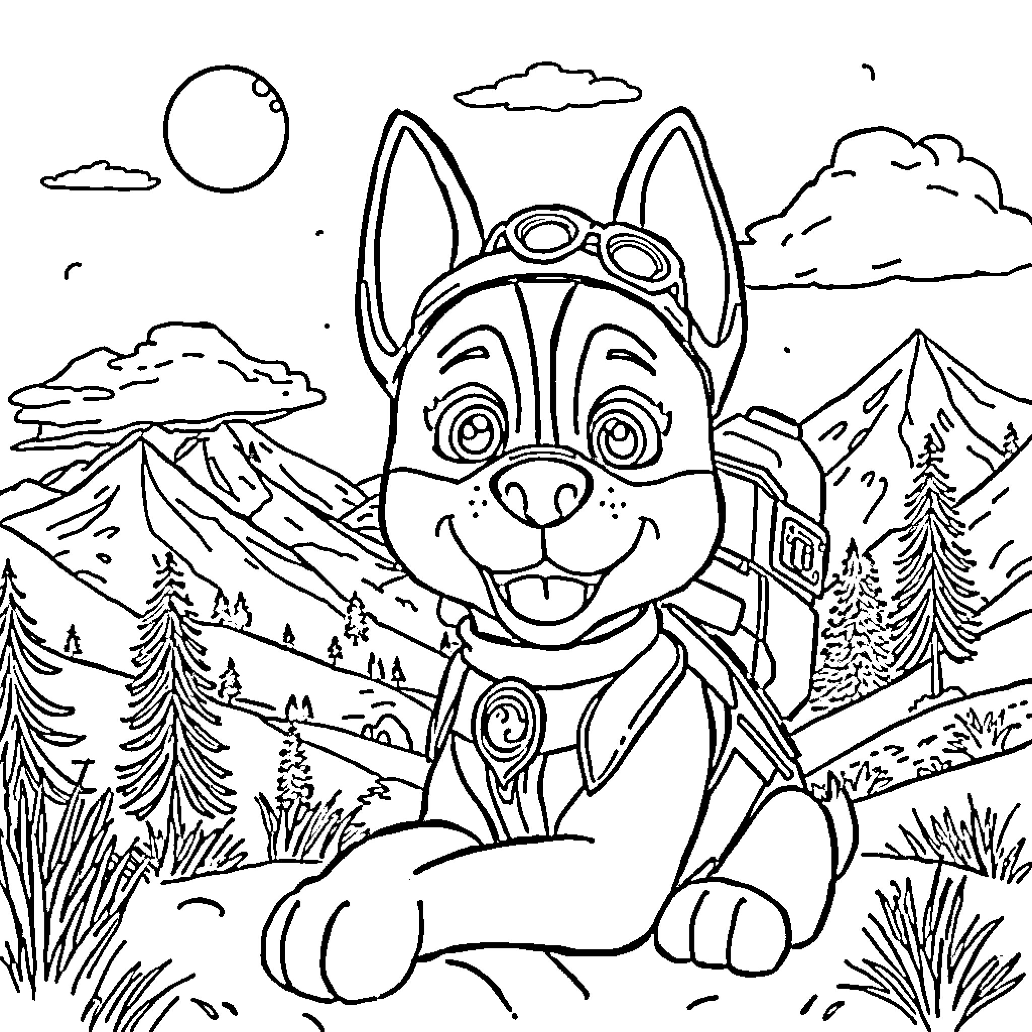 Paw Patrol pup exploring the great outdoors Coloring Page (free black-and-white line drawing printable PDF for all, from beginners to advanced learners, including children, teens, adults, and seniors)