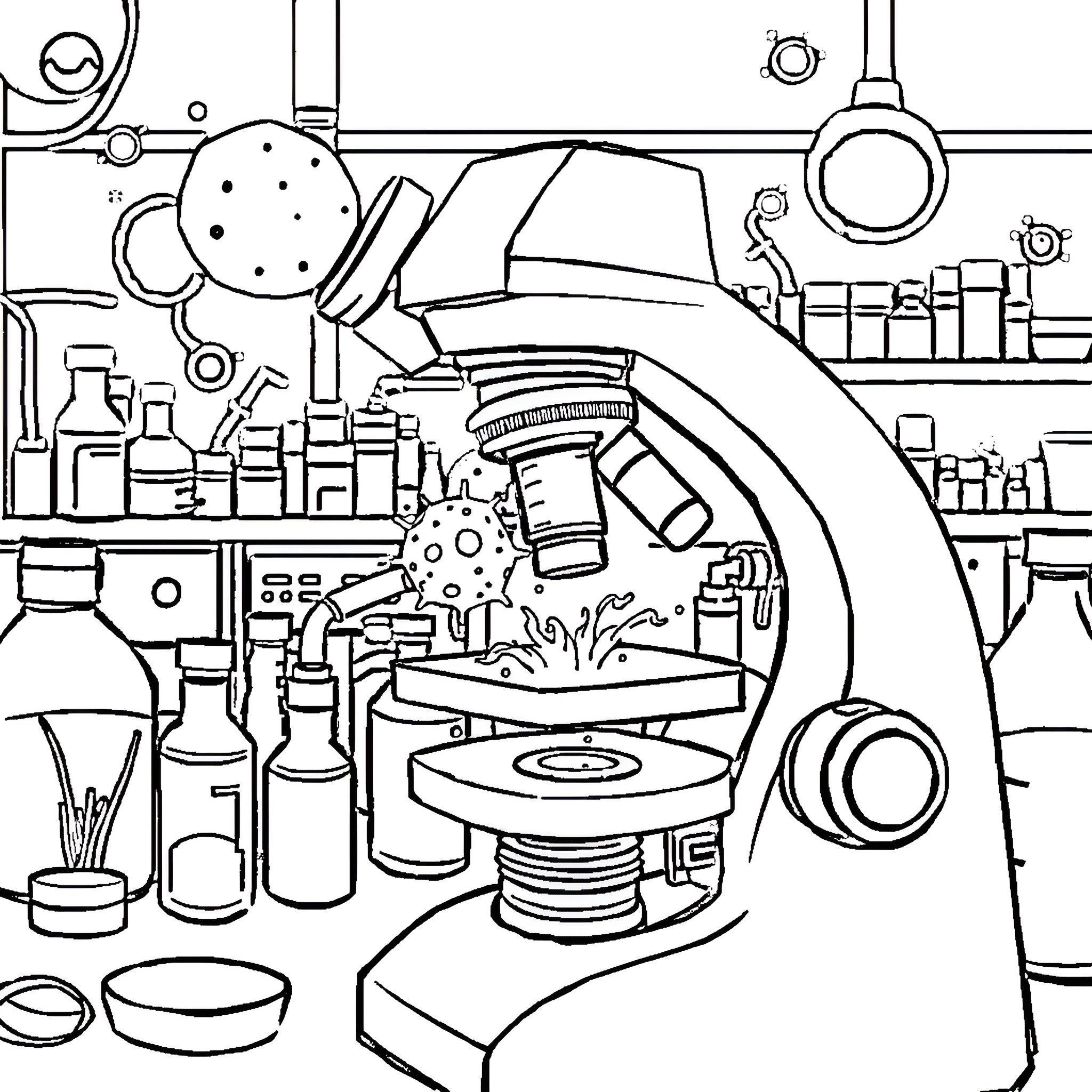 Germ investigation in a laboratory setting Coloring Page (free black-and-white line drawing printable PDF for all, from beginners to advanced learners, including children, teens, adults, and seniors)