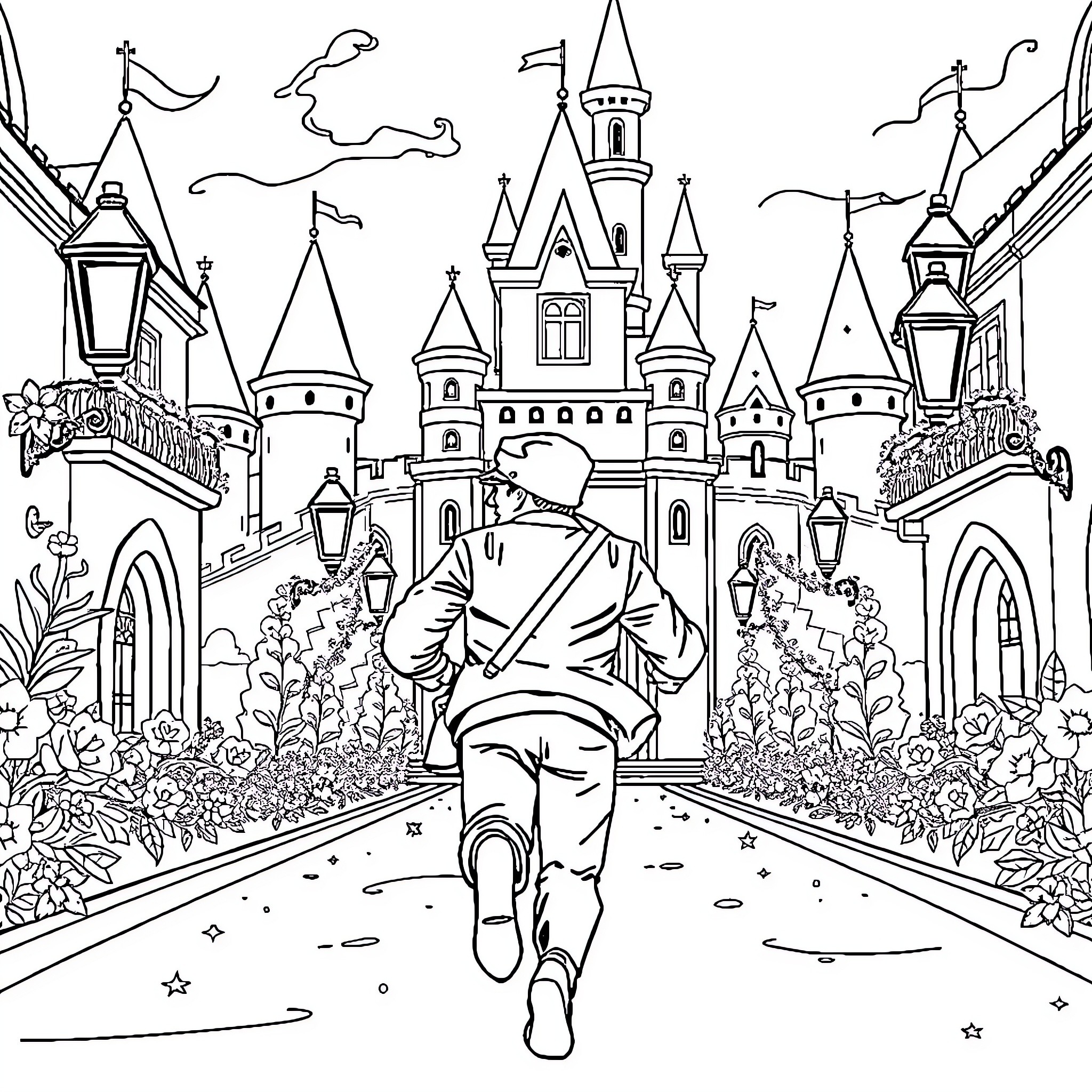 Che Guevara's Revolutionary Journey Through a Fantastical Castle Coloring Page (free black-and-white line drawing printable PDF for all, from beginners to advanced learners, including children, teens, adults, and seniors)