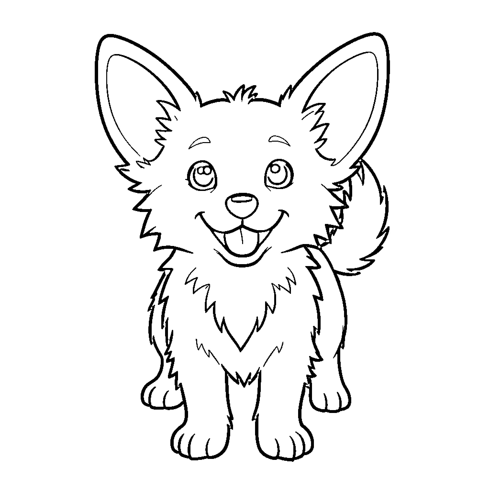 Papillon puppy smiling happily with large ears Coloring Page (free black-and-white line drawing printable PDF for all, from beginners to advanced learners, including children, teens, adults, and seniors)