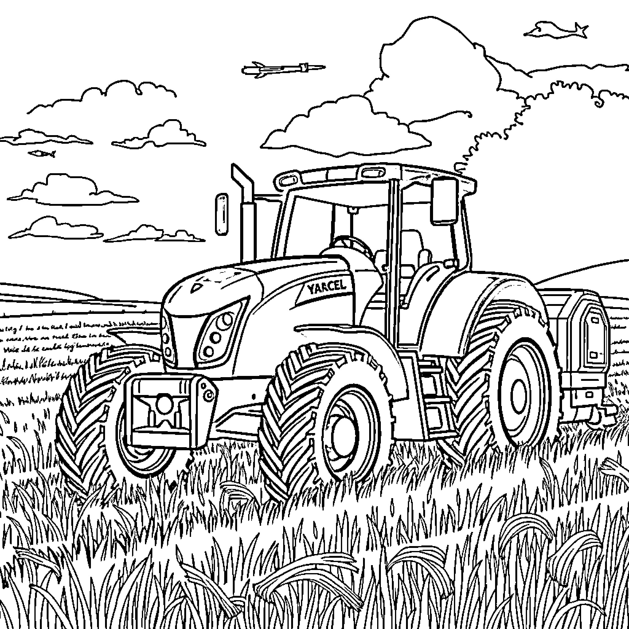 Tractor working diligently in the countryside Coloring Page (free black-and-white line drawing printable PDF for all, from beginners to advanced learners, including children, teens, adults, and seniors)