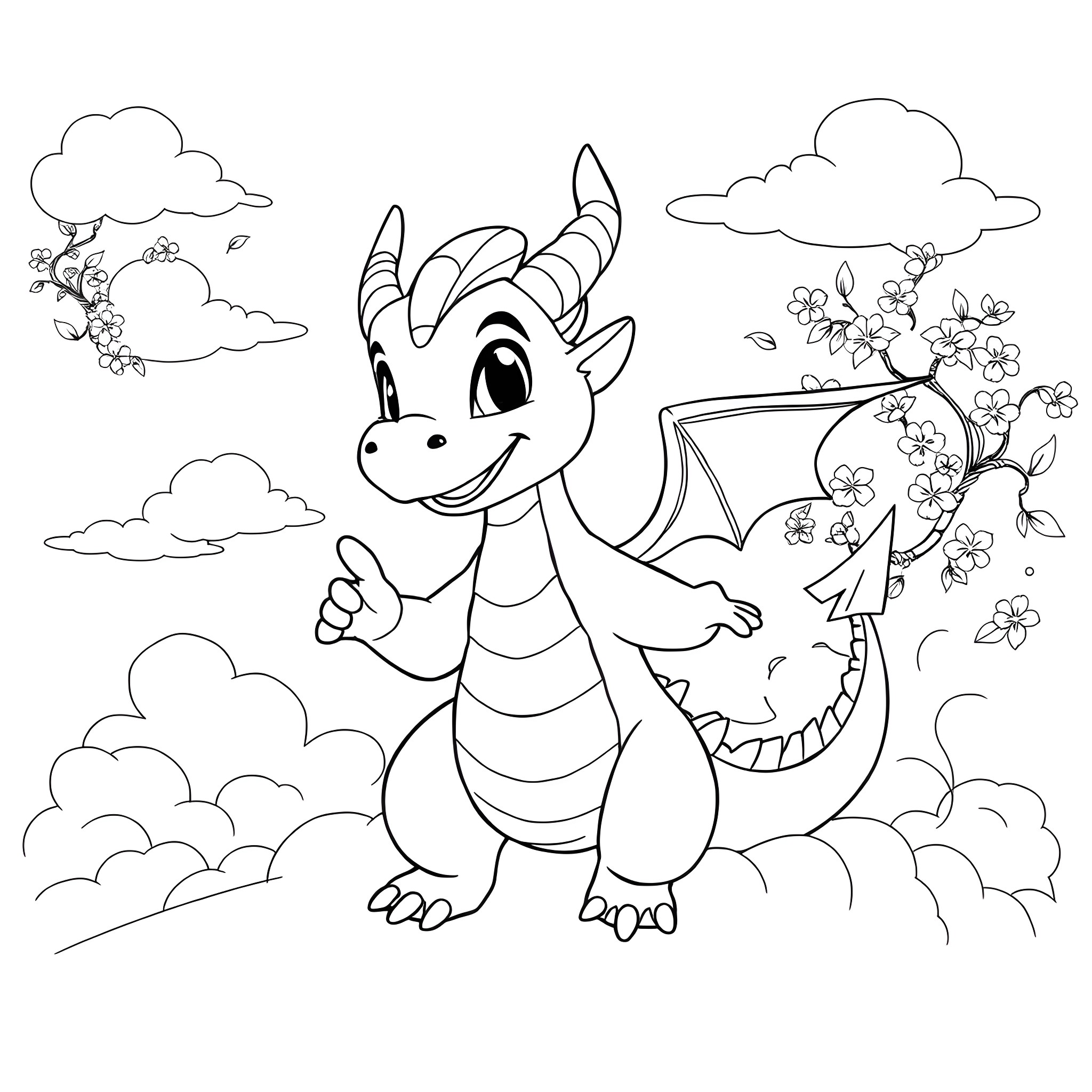 Mushu the dragon playing with butterflies in a cloudy sky Coloring Page (free black-and-white line drawing printable PDF for all, from beginners to advanced learners, including children, teens, adults, and seniors)