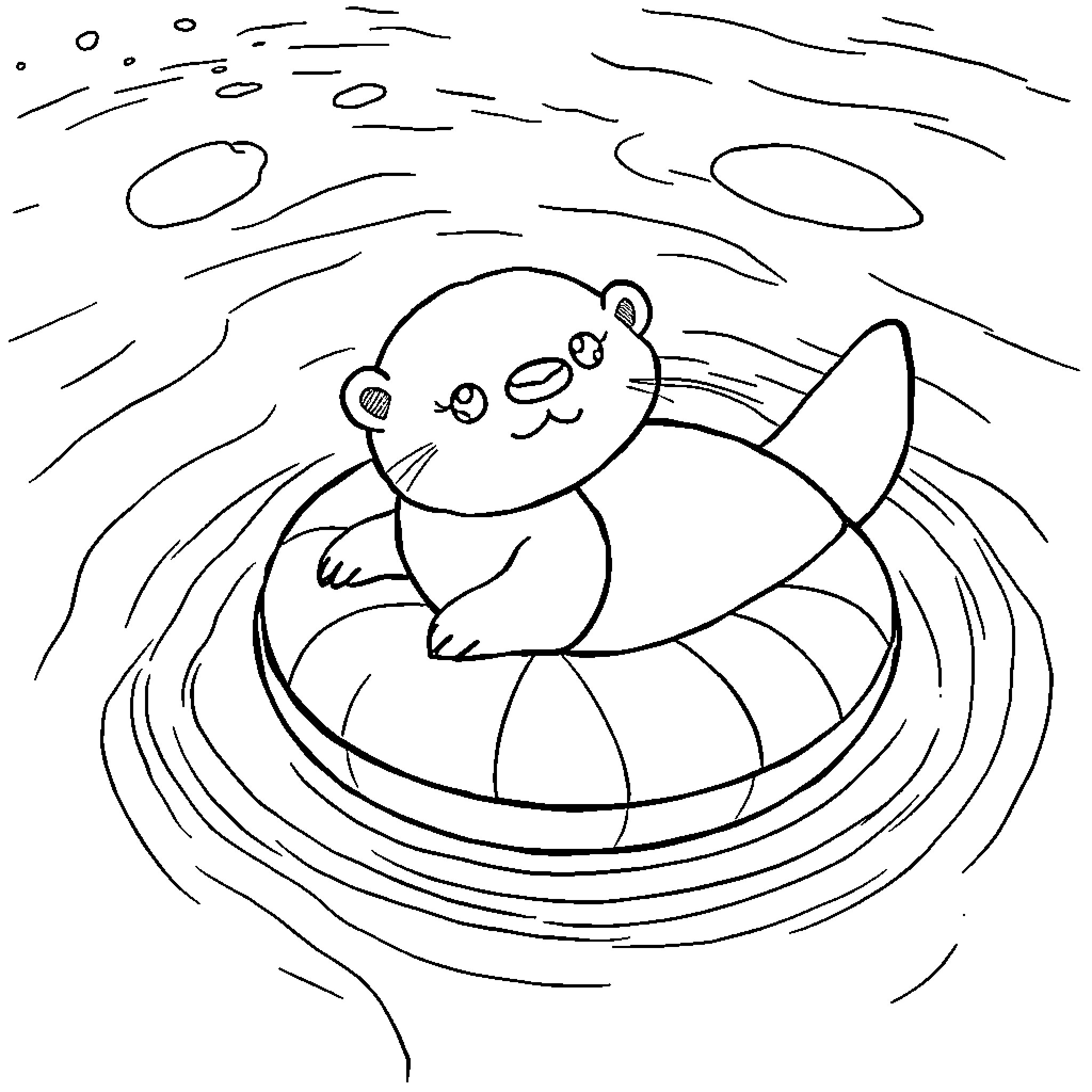 Otter floating on a colorful inner tube Coloring Page (free black-and-white line drawing printable PDF for all, from beginners to advanced learners, including children, teens, adults, and seniors)