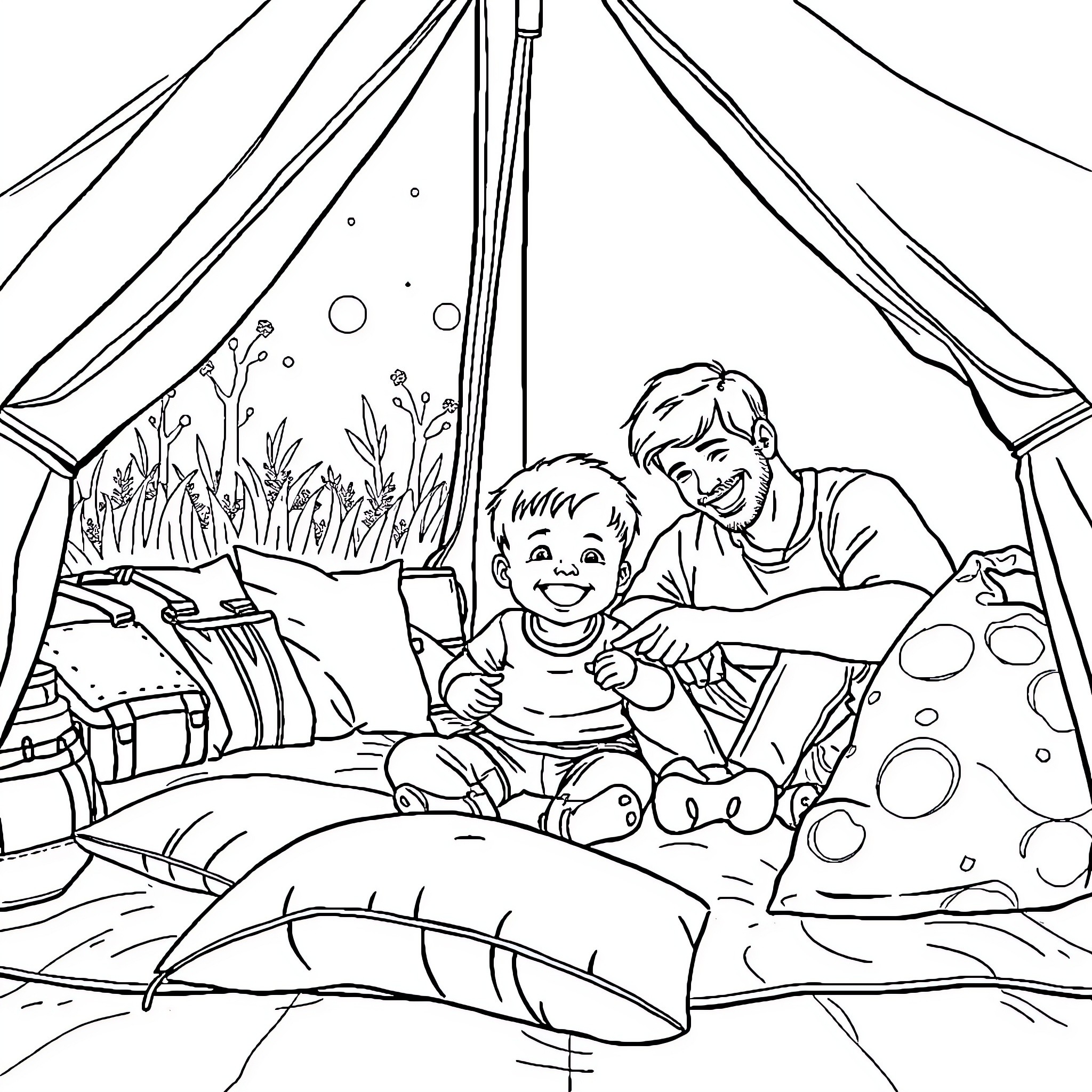 Baby camping with parent in nature Coloring Page (free black-and-white line drawing printable PDF for all, from beginners to advanced learners, including children, teens, adults, and seniors)