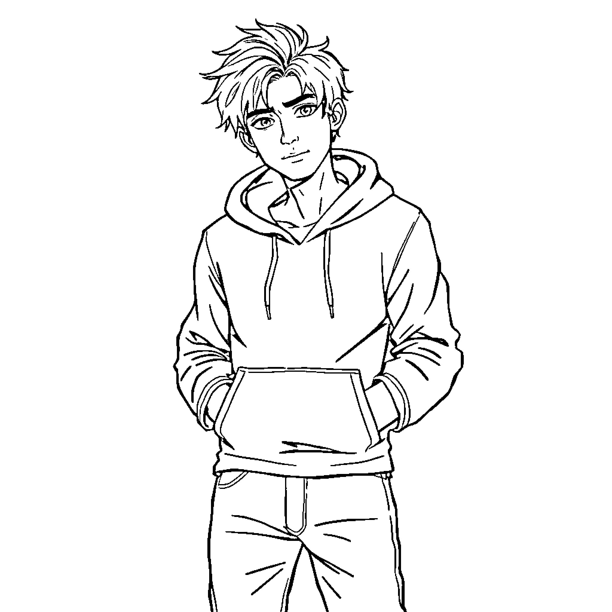 Guy in casual hoodie with expressive look Coloring Page (free black-and-white line drawing printable PDF for all, from beginners to advanced learners, including children, teens, adults, and seniors)