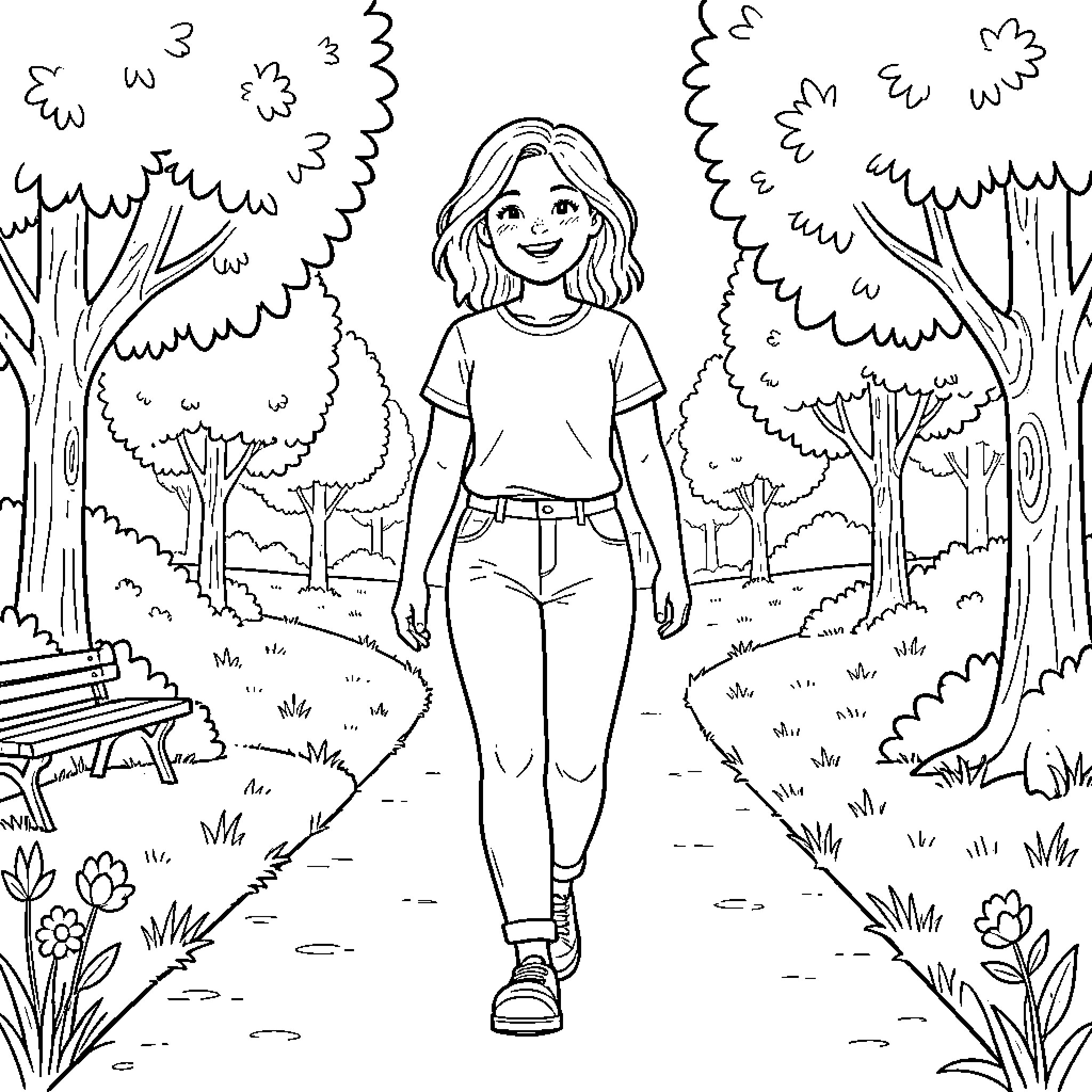 Delphine Dabert walking happily along a park path Coloring Page (free black-and-white line drawing printable PDF for all, from beginners to advanced learners, including children, teens, adults, and seniors)