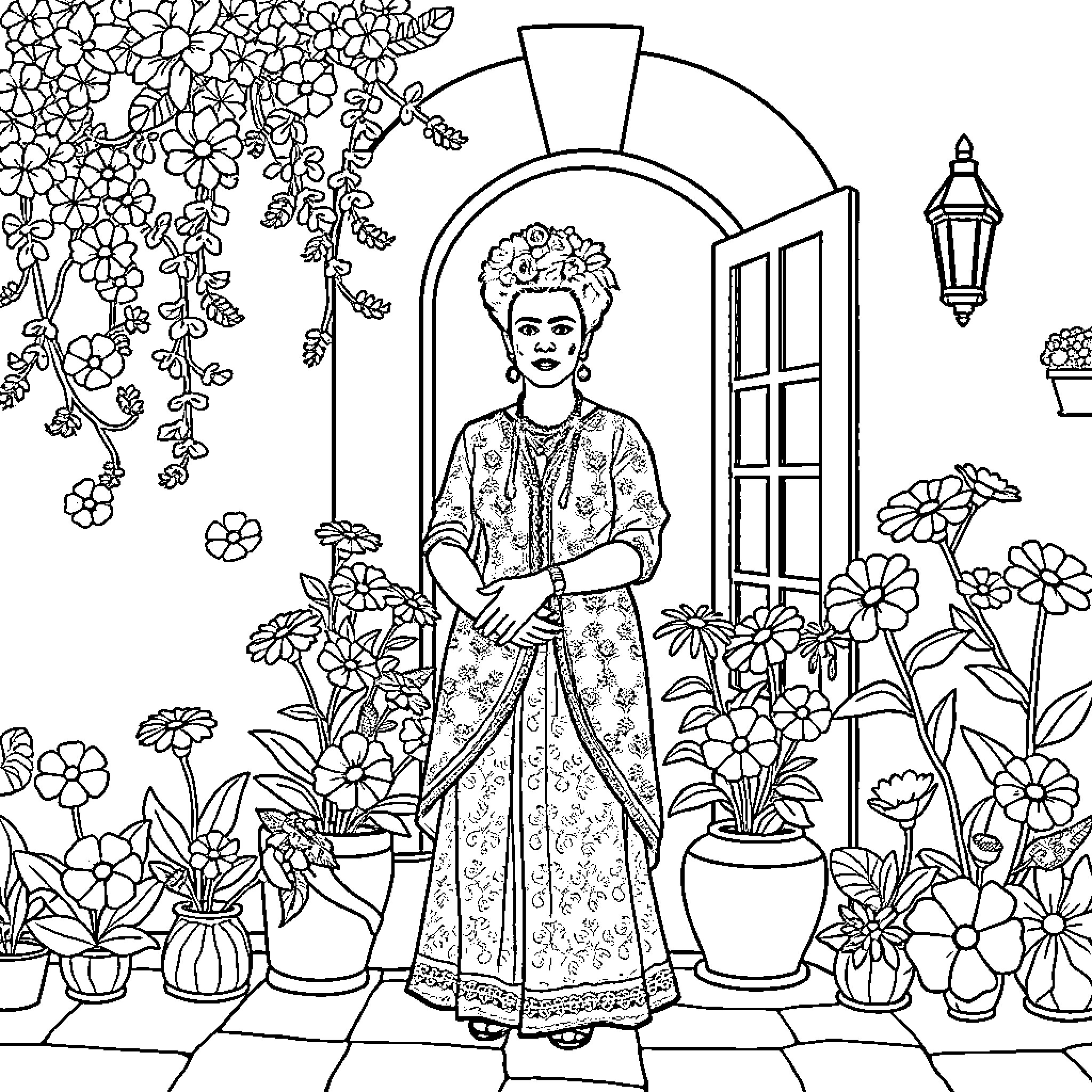 Frida Kahlo in a Vibrant Floral Garden Coloring Page (free black-and-white line drawing printable PDF for all, from beginners to advanced learners, including children, teens, adults, and seniors)