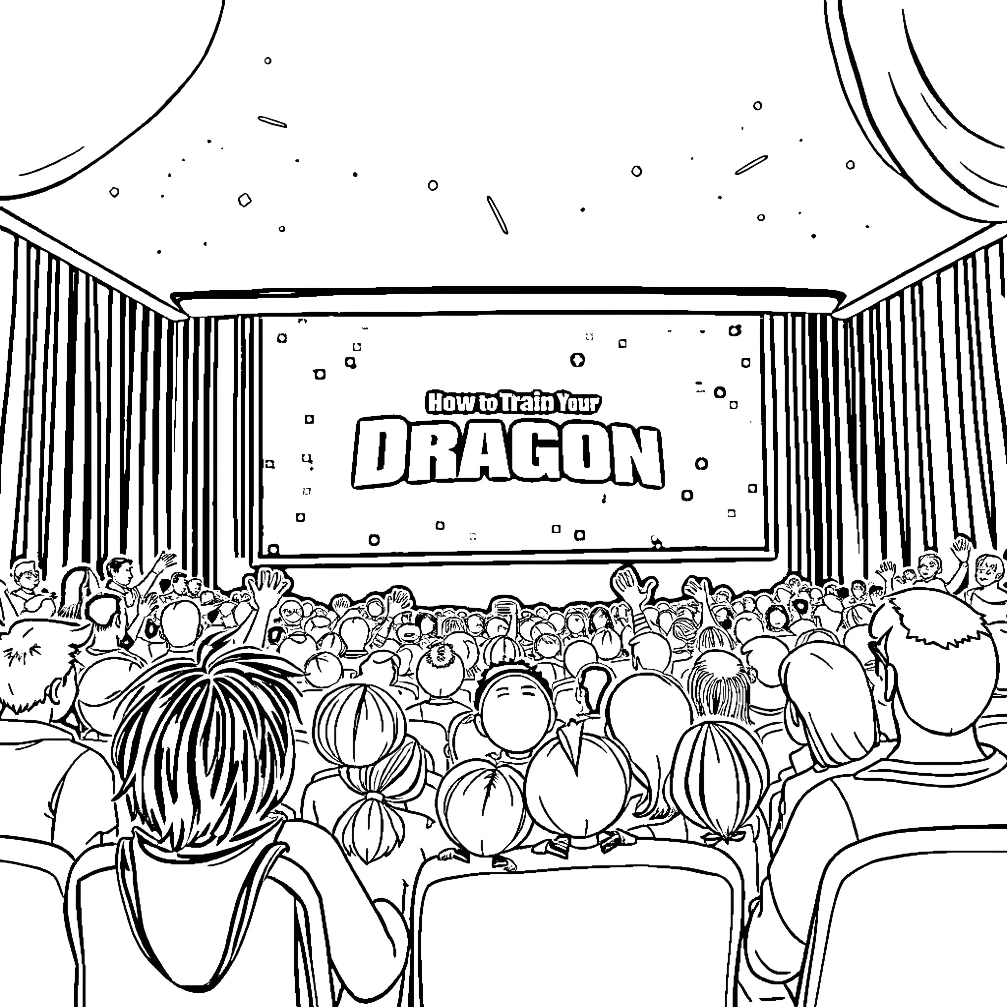 Dragon movie premiere with crowd Coloring Page (free black-and-white line drawing printable PDF for all, from beginners to advanced learners, including children, teens, adults, and seniors)