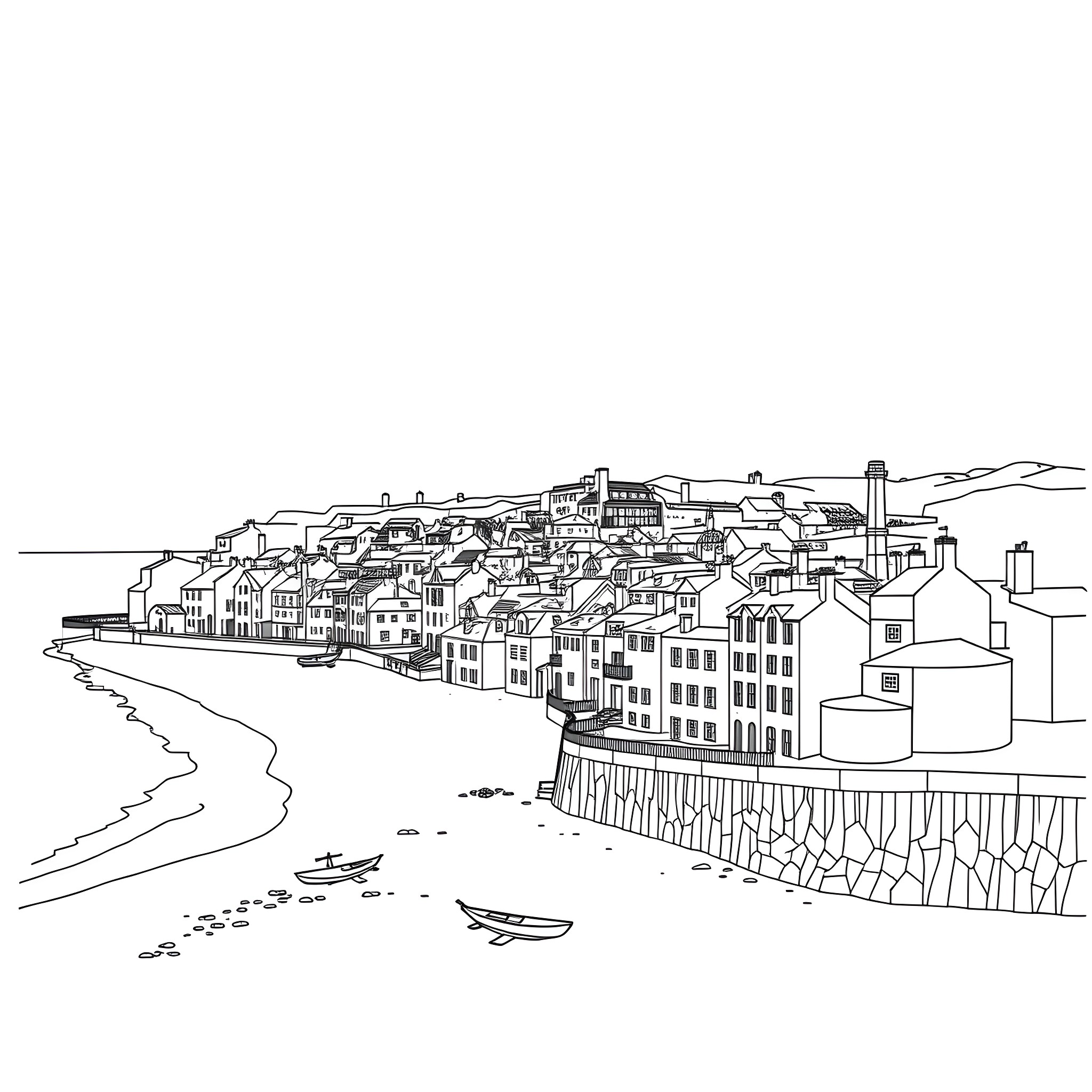 Hastings seaside town with buildings and boats Coloring Page (free black-and-white line drawing printable PDF for all, from beginners to advanced learners, including children, teens, adults, and seniors)