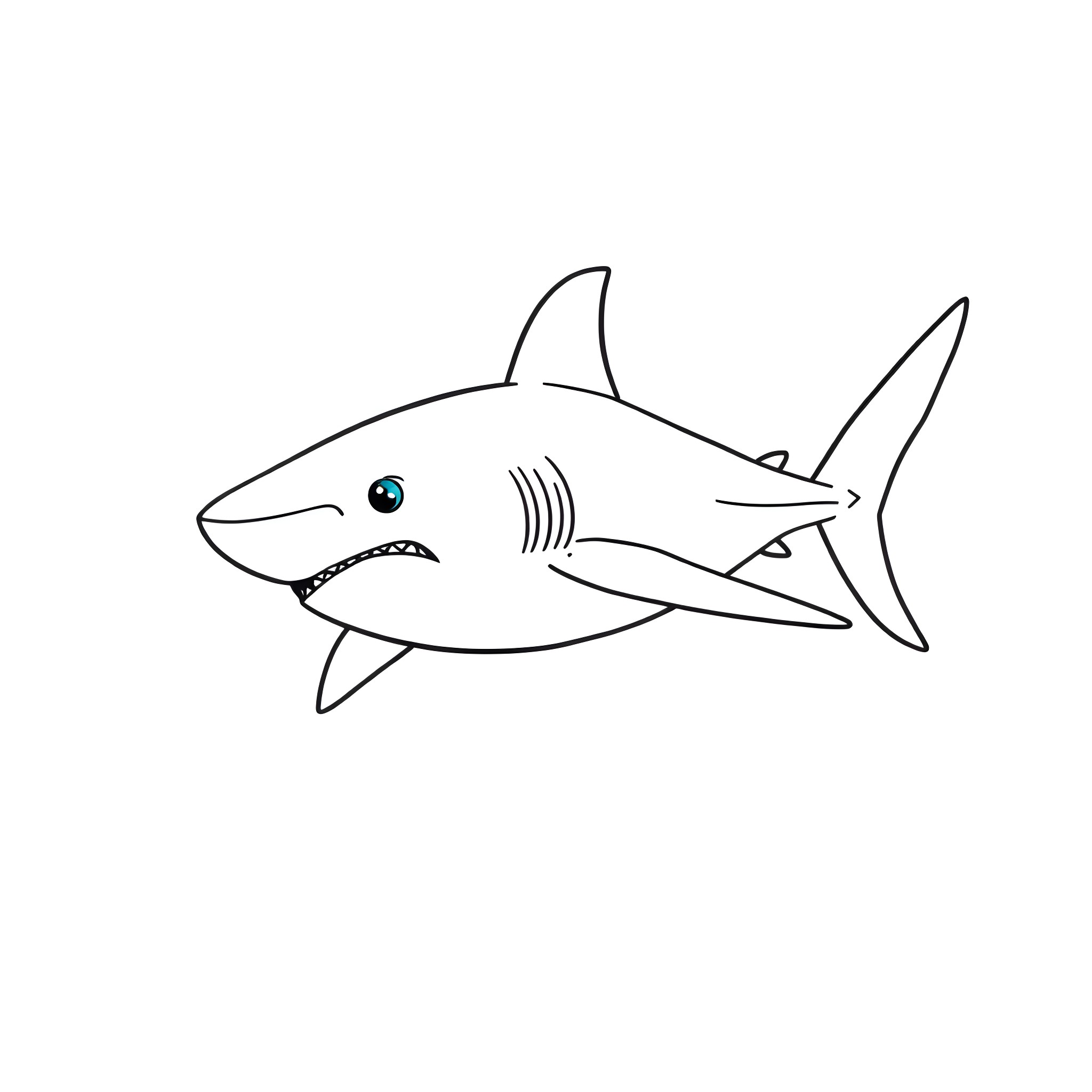 Shark swimming with fierce expression Coloring Page (free black-and-white line drawing printable PDF for all, from beginners to advanced learners, including children, teens, adults, and seniors)