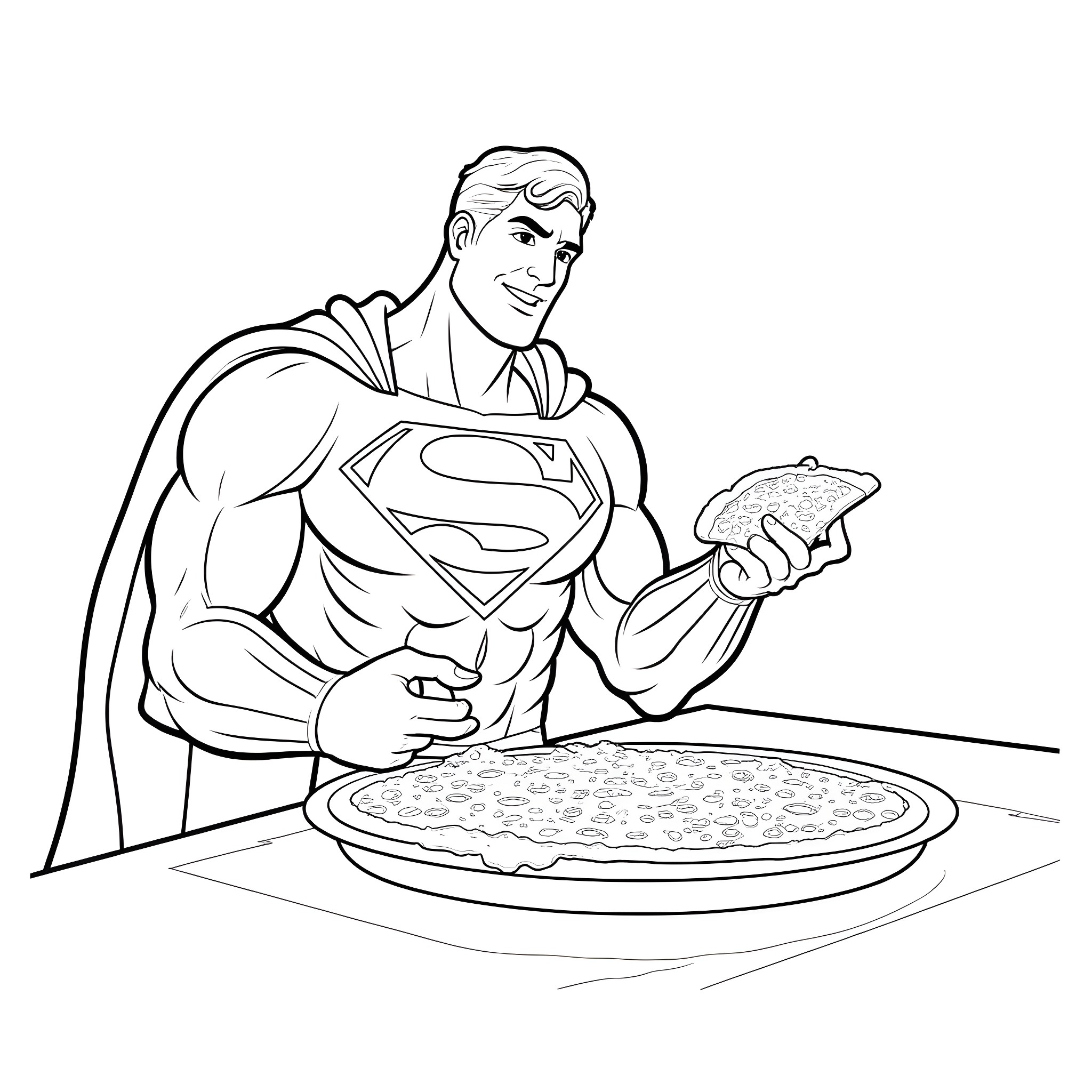Superman enjoying a delicious pizza meal Coloring Page (free black-and-white line drawing printable PDF for all, from beginners to advanced learners, including children, teens, adults, and seniors)