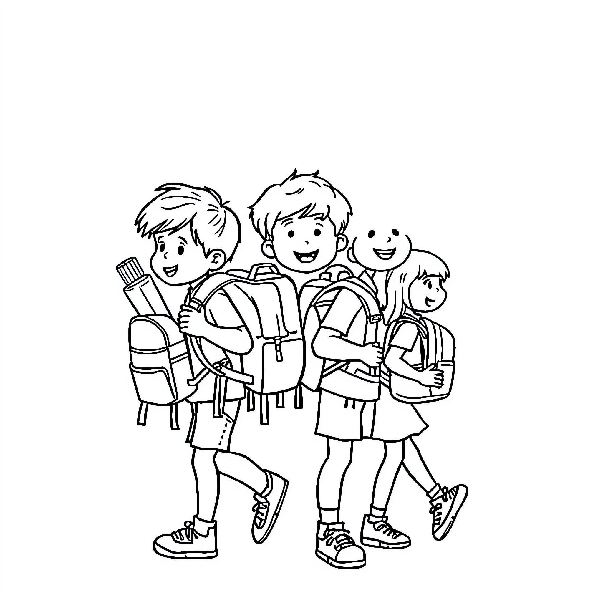 School Friends Walking Together Coloring Page (free black-and-white line drawing printable PDF for all, from beginners to advanced learners, including children, teens, adults, and seniors)