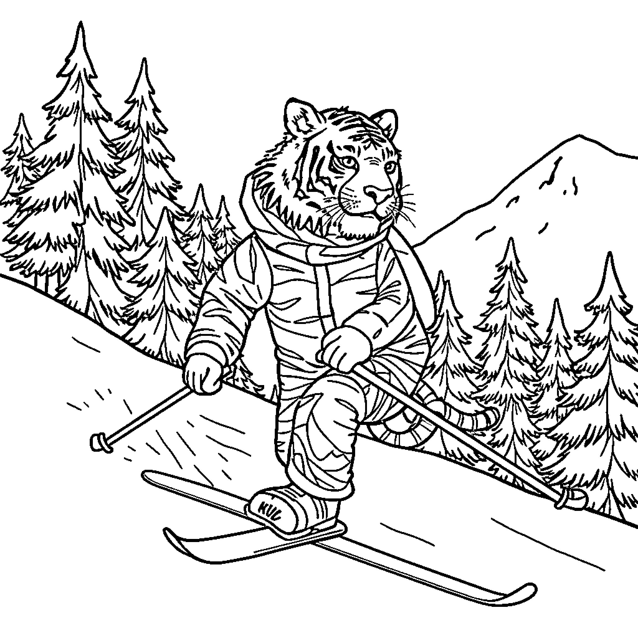 Tiger skiing through the snowy forest Coloring Page (free black-and-white line drawing printable PDF for all, from beginners to advanced learners, including children, teens, adults, and seniors)
