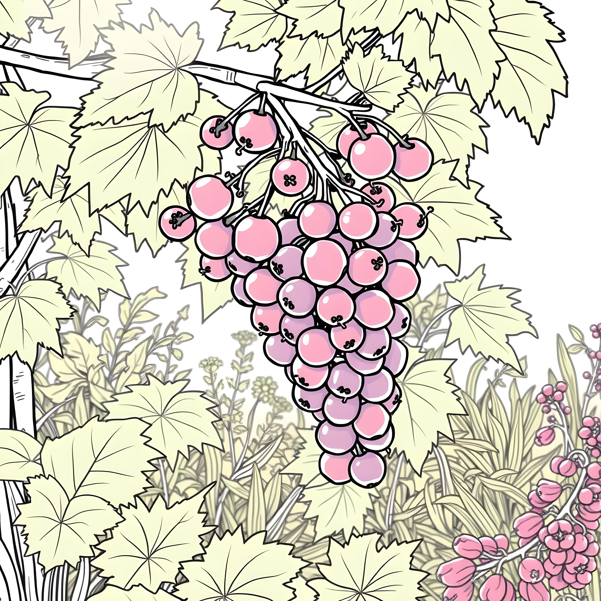 Currant cluster amidst lush foliage Coloring Page (free black-and-white line drawing printable PDF for all, from beginners to advanced learners, including children, teens, adults, and seniors)