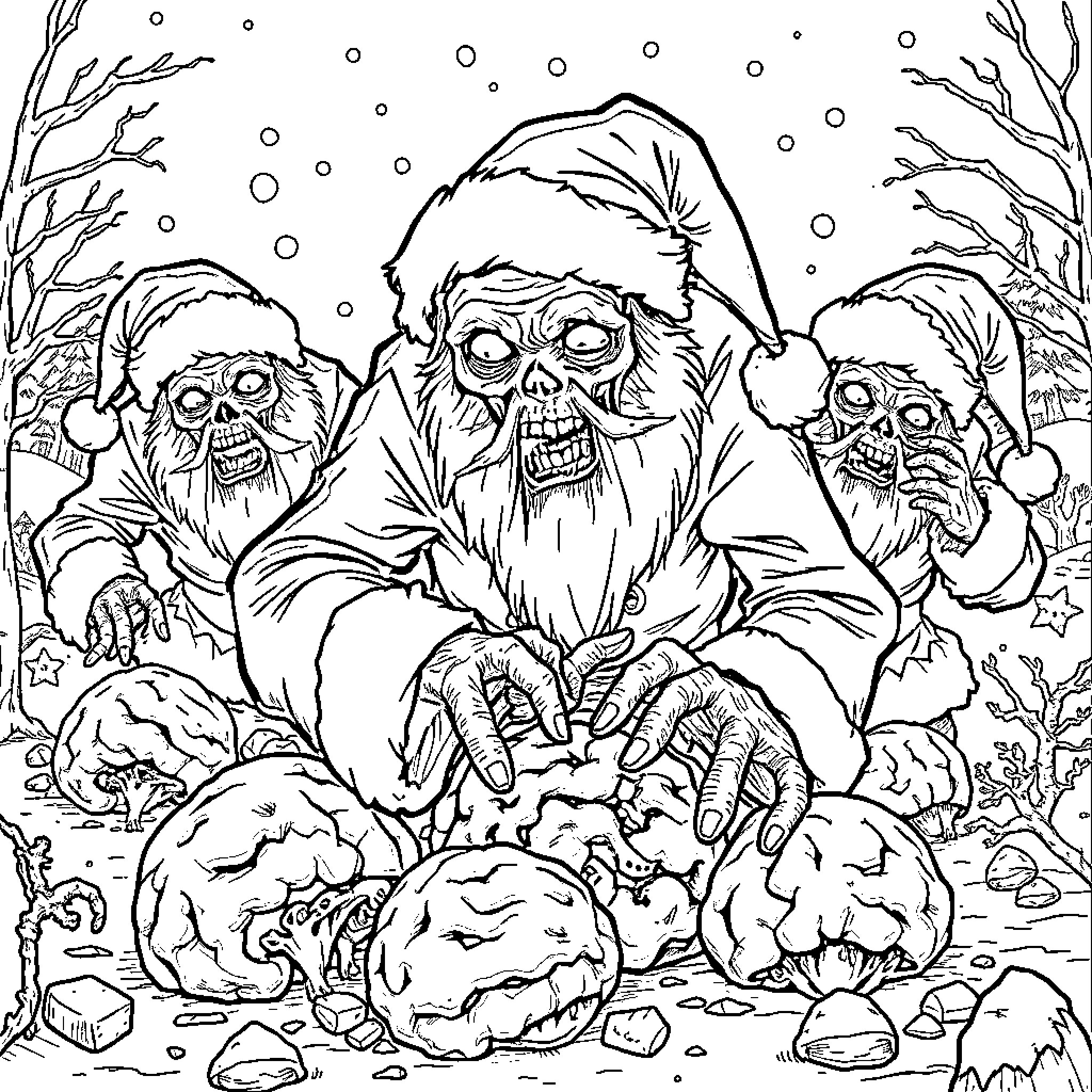 Zombie Santa and Creepy Elves in Snowy Winter Scene Coloring Page (free black-and-white line drawing printable PDF for all, from beginners to advanced learners, including children, teens, adults, and seniors)