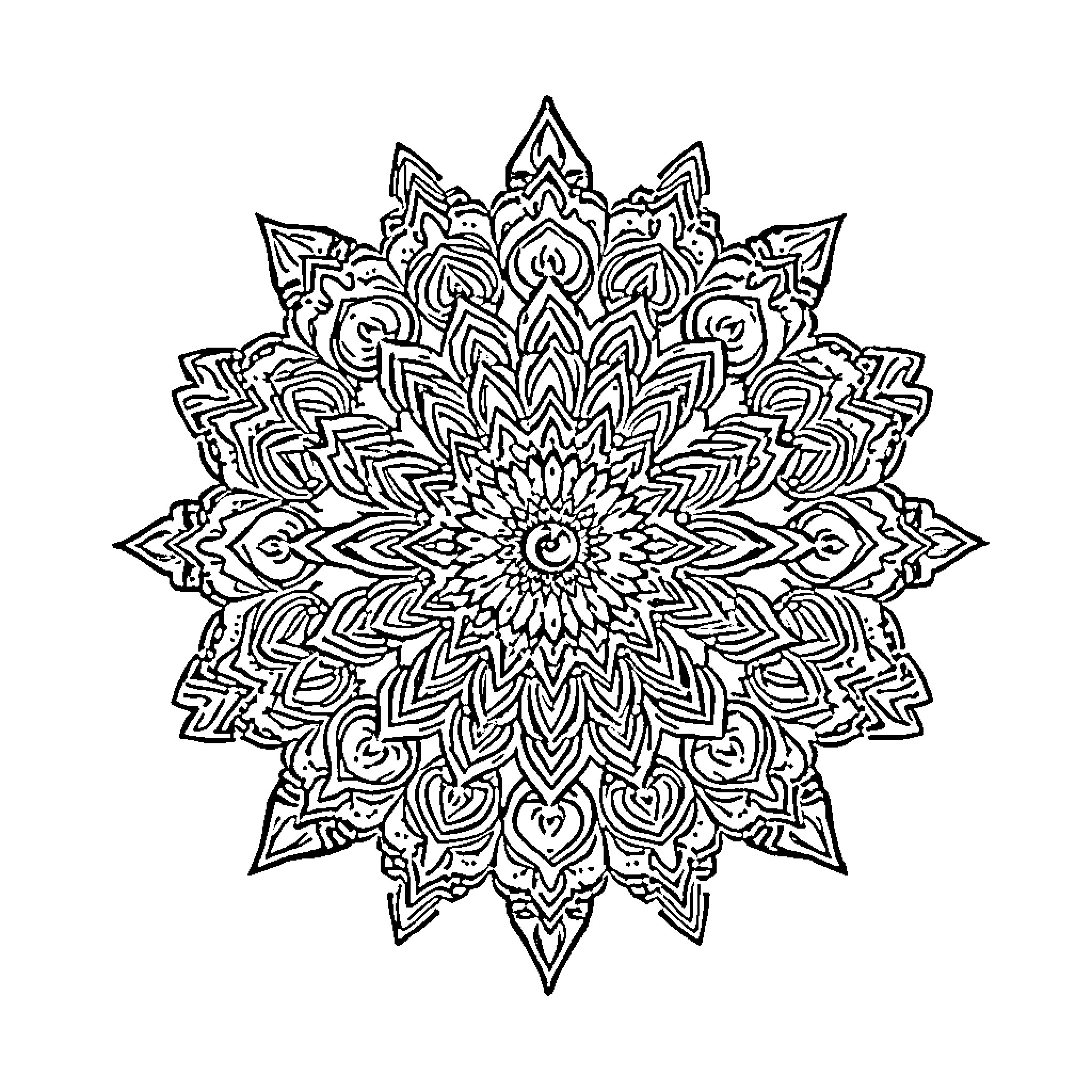 Mandala of Intricate Floral Patterns Coloring Page (free black-and-white line drawing printable PDF for all, from beginners to advanced learners, including children, teens, adults, and seniors)