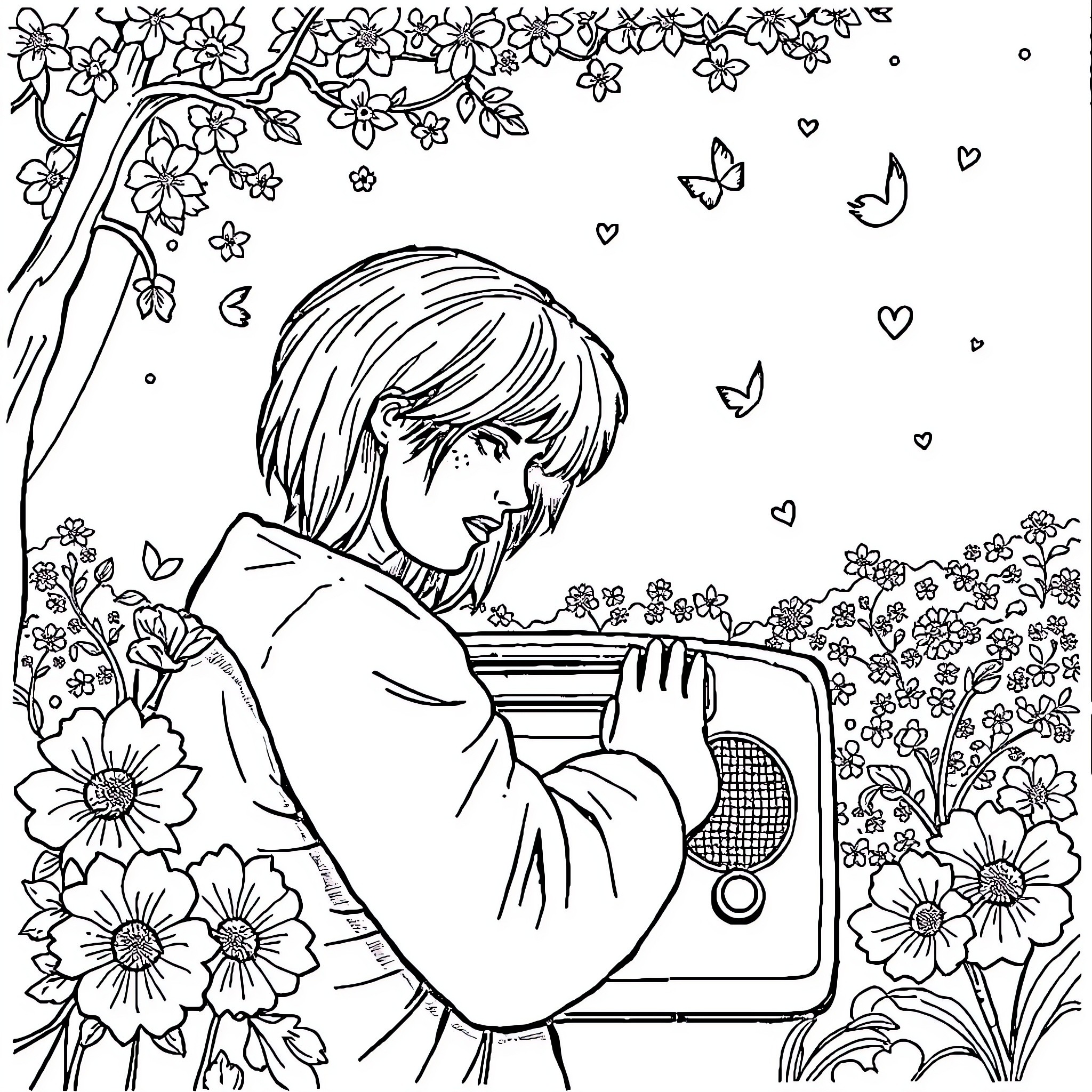 Song of a Blossoming Melody Coloring Page (free black-and-white line drawing printable PDF for all, from beginners to advanced learners, including children, teens, adults, and seniors)