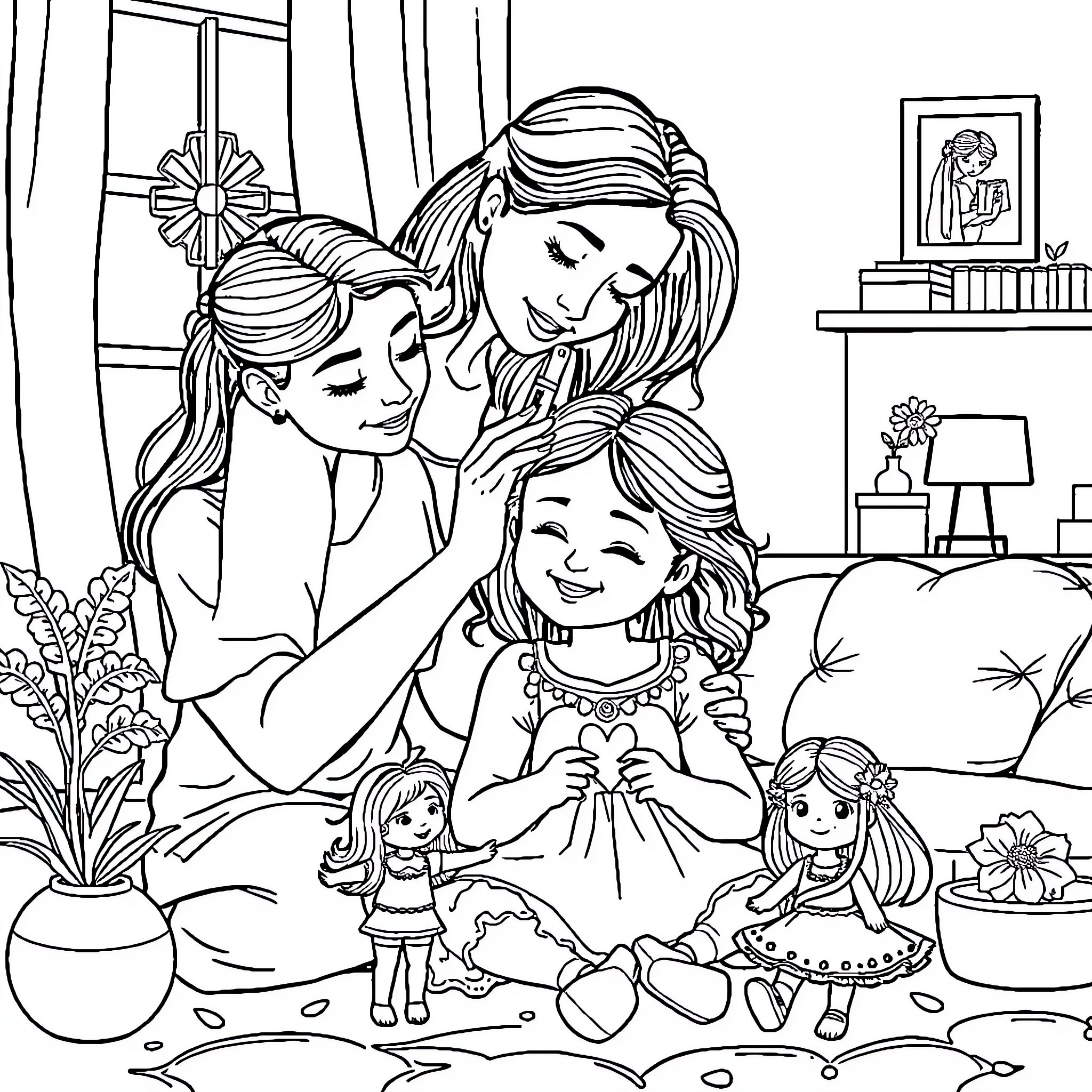 Mother Bonding Tenderly with Daughters in Cozy Home Setting Coloring Page (free black-and-white line drawing printable PDF for all, from beginners to advanced learners, including children, teens, adults, and seniors)