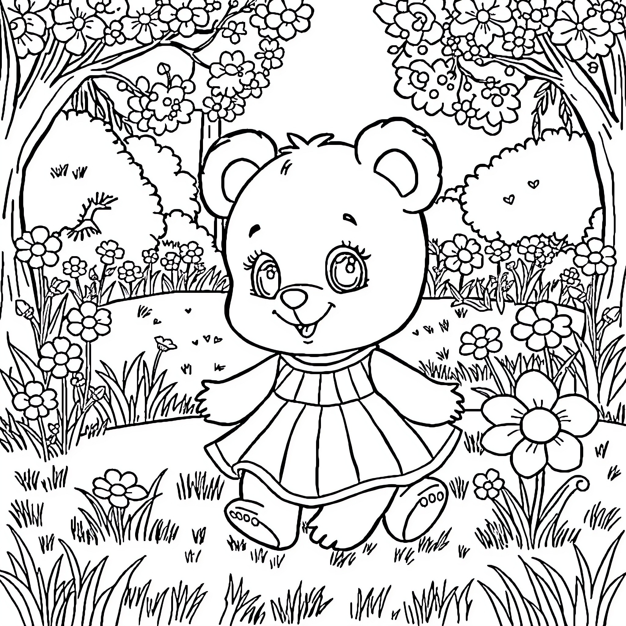 Bear playing happily in a flowery meadow Coloring Page (free black-and-white line drawing printable PDF for all, from beginners to advanced learners, including children, teens, adults, and seniors)