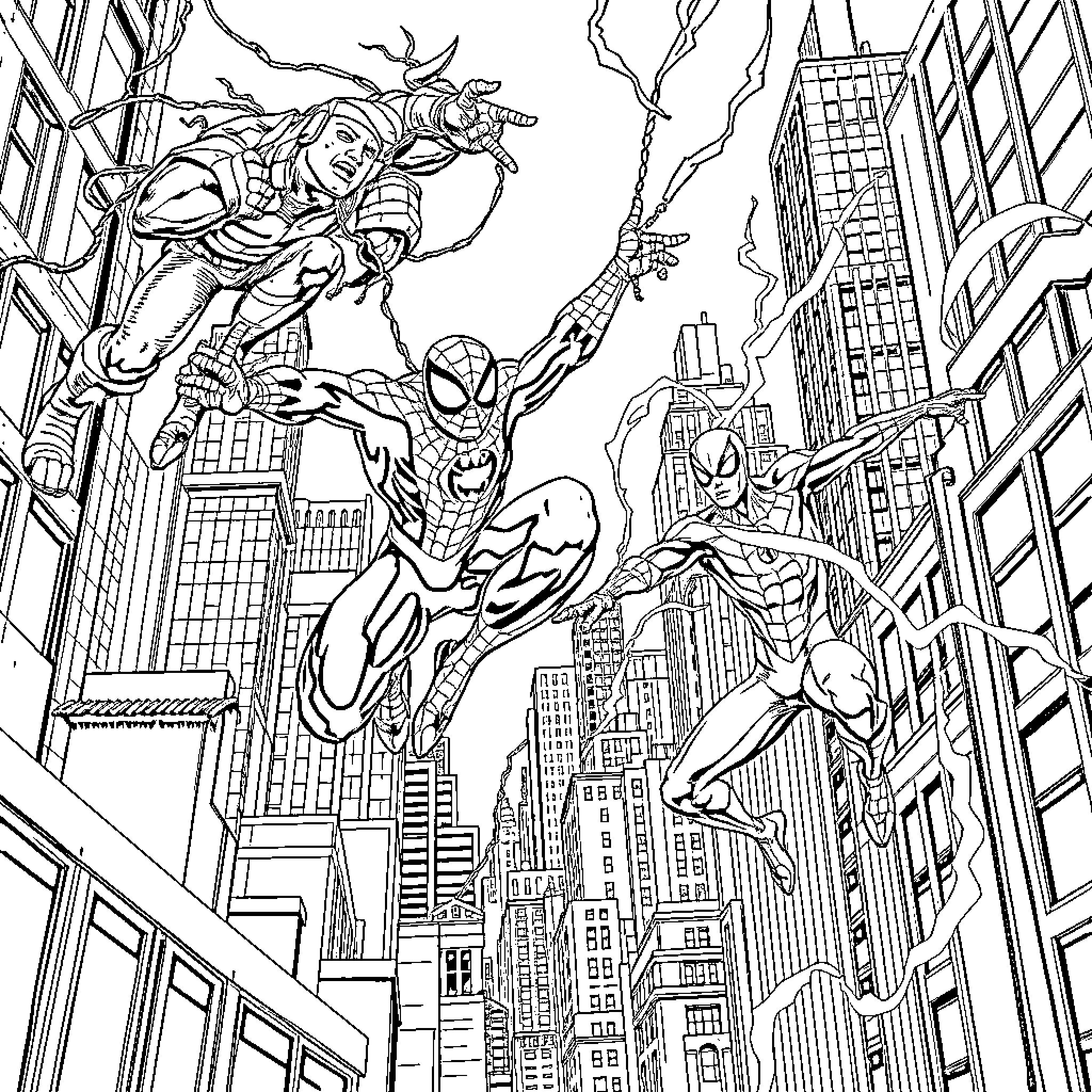 Spidermen leaping through the city skyline Coloring Page (free black-and-white line drawing printable PDF for all, from beginners to advanced learners, including children, teens, adults, and seniors)