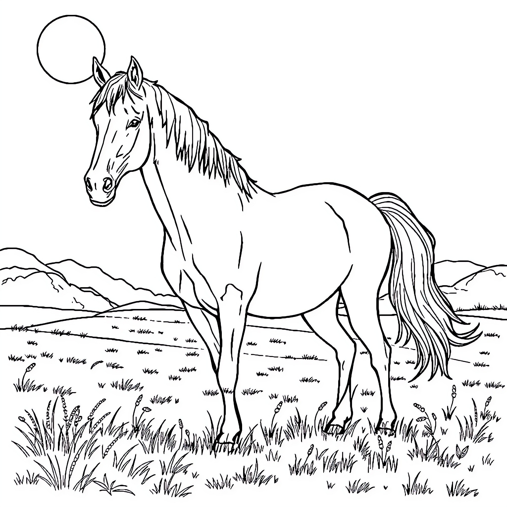 Horse standing tall in a grassy field Coloring Page (free black-and-white line drawing printable PDF for all, from beginners to advanced learners, including children, teens, adults, and seniors)