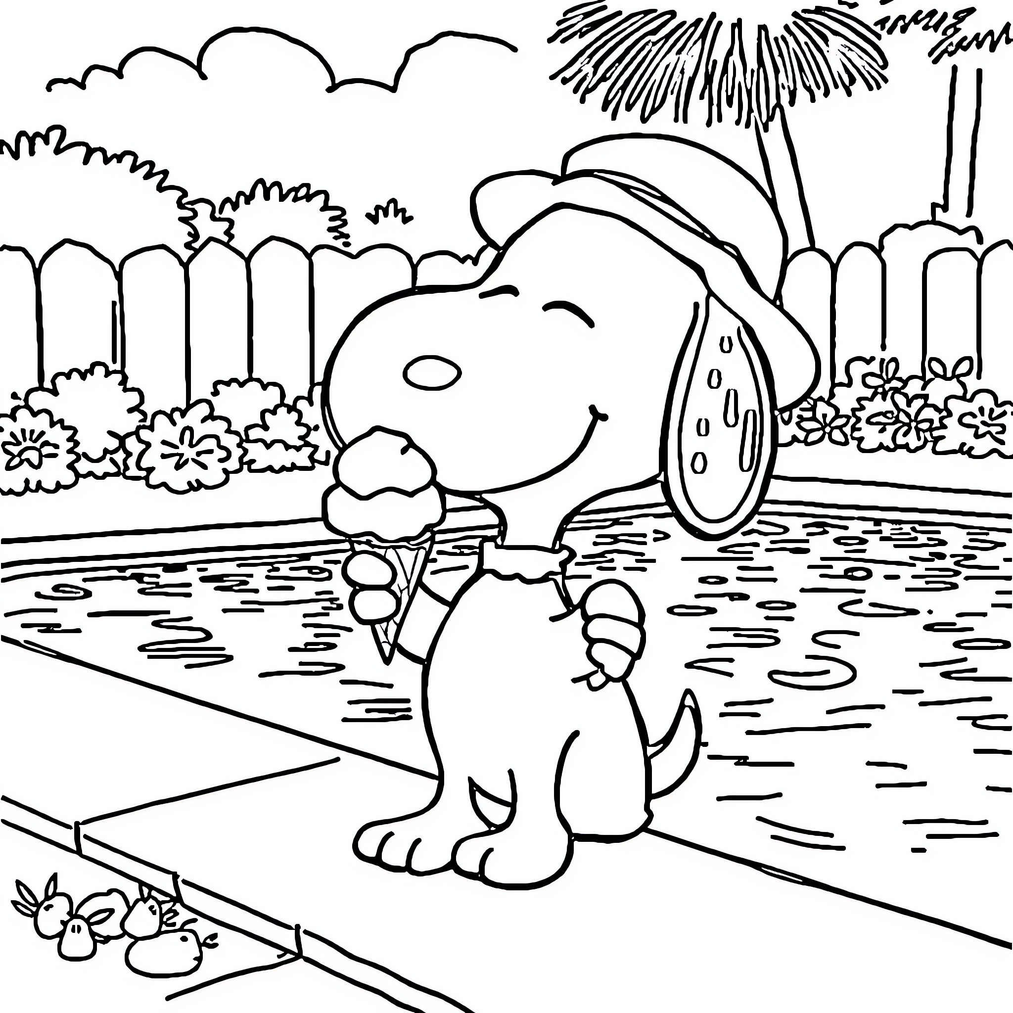 Snoopy enjoying a refreshing ice cream on a sunny day Coloring Page (free black-and-white line drawing printable PDF for all, from beginners to advanced learners, including children, teens, adults, and seniors)