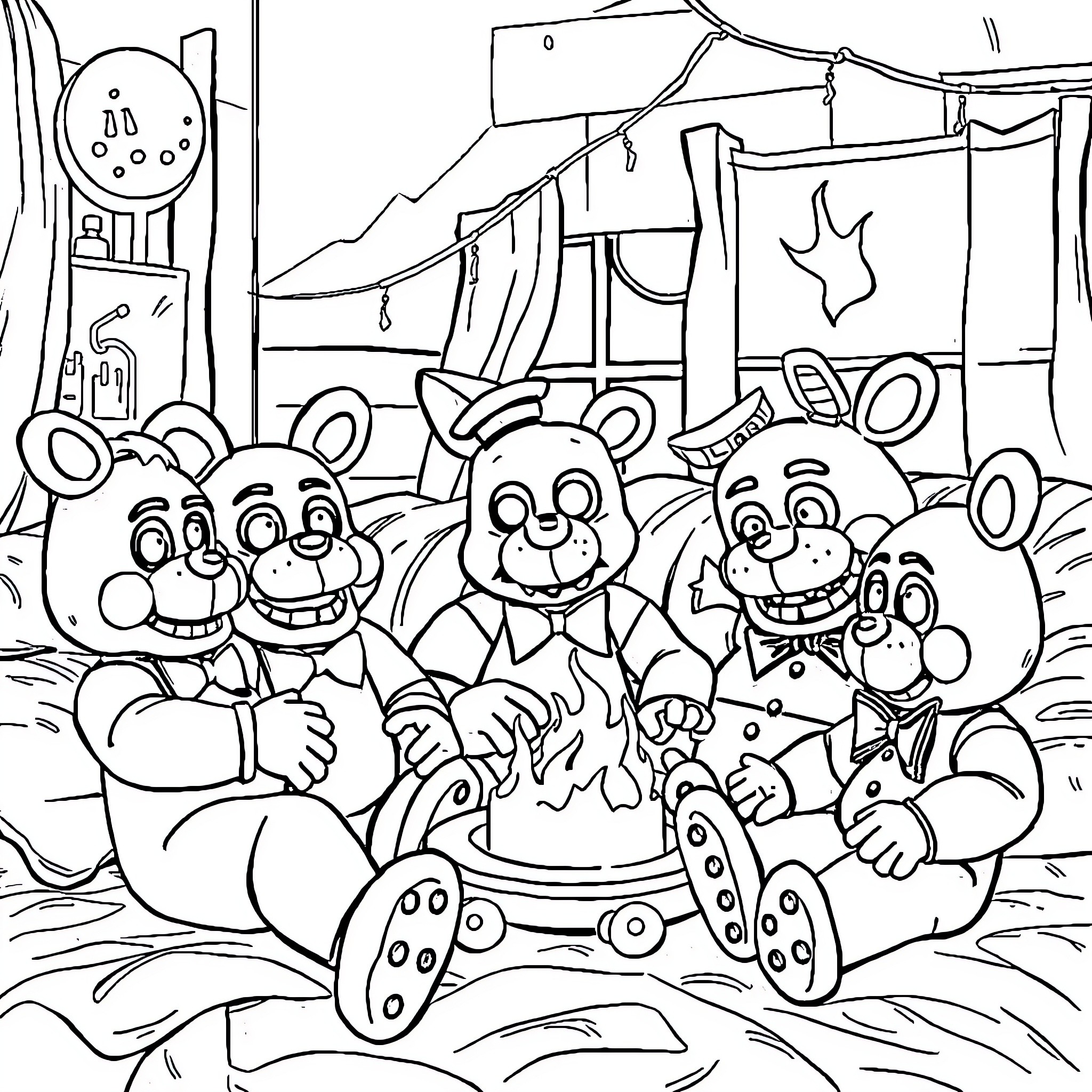 Freddy and friends have a campfire adventure Coloring Page (free black-and-white line drawing printable PDF for all, from beginners to advanced learners, including children, teens, adults, and seniors)