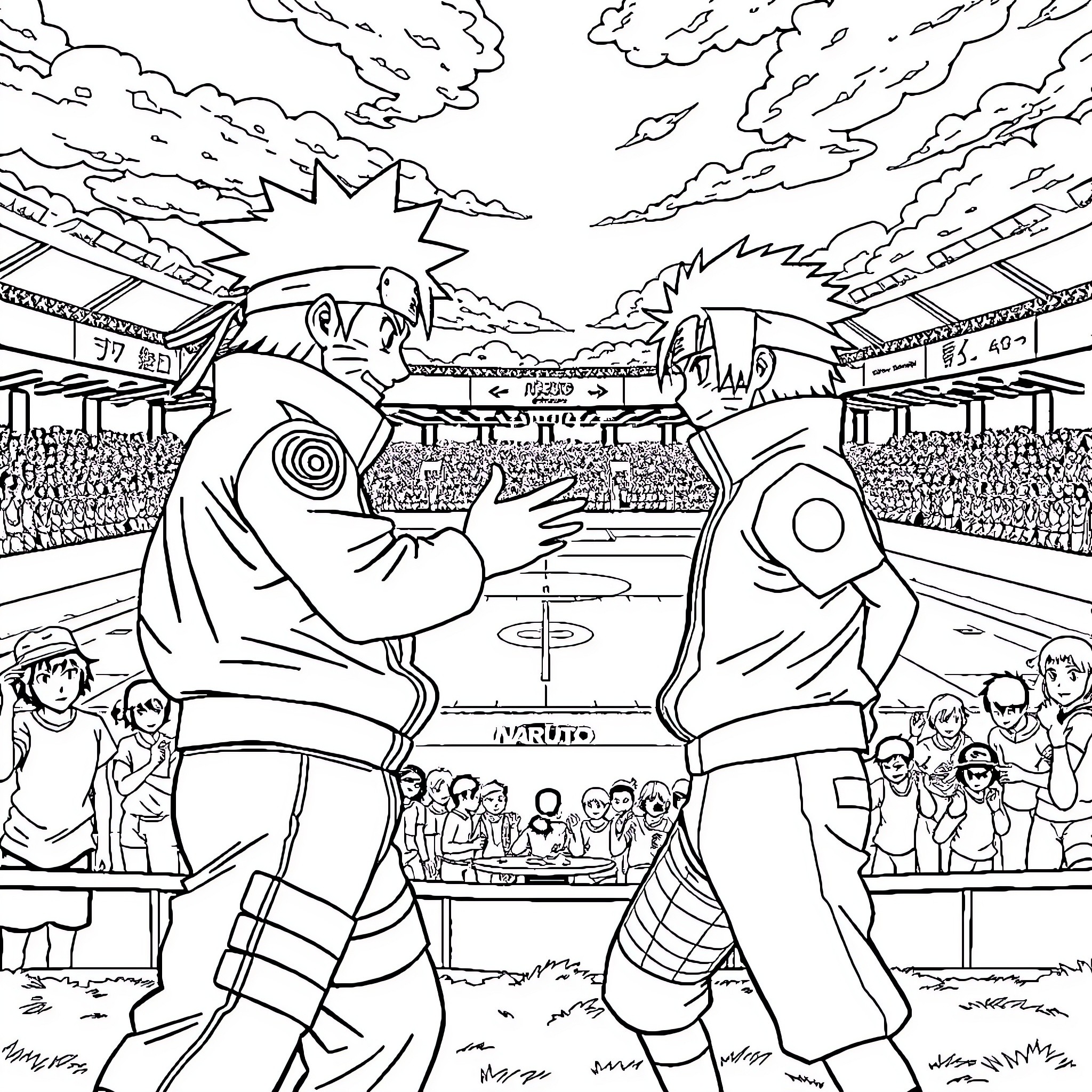 Naruto Characters in Intense Battle on Stadium Field Coloring Page (free black-and-white line drawing printable PDF for all, from beginners to advanced learners, including children, teens, adults, and seniors)