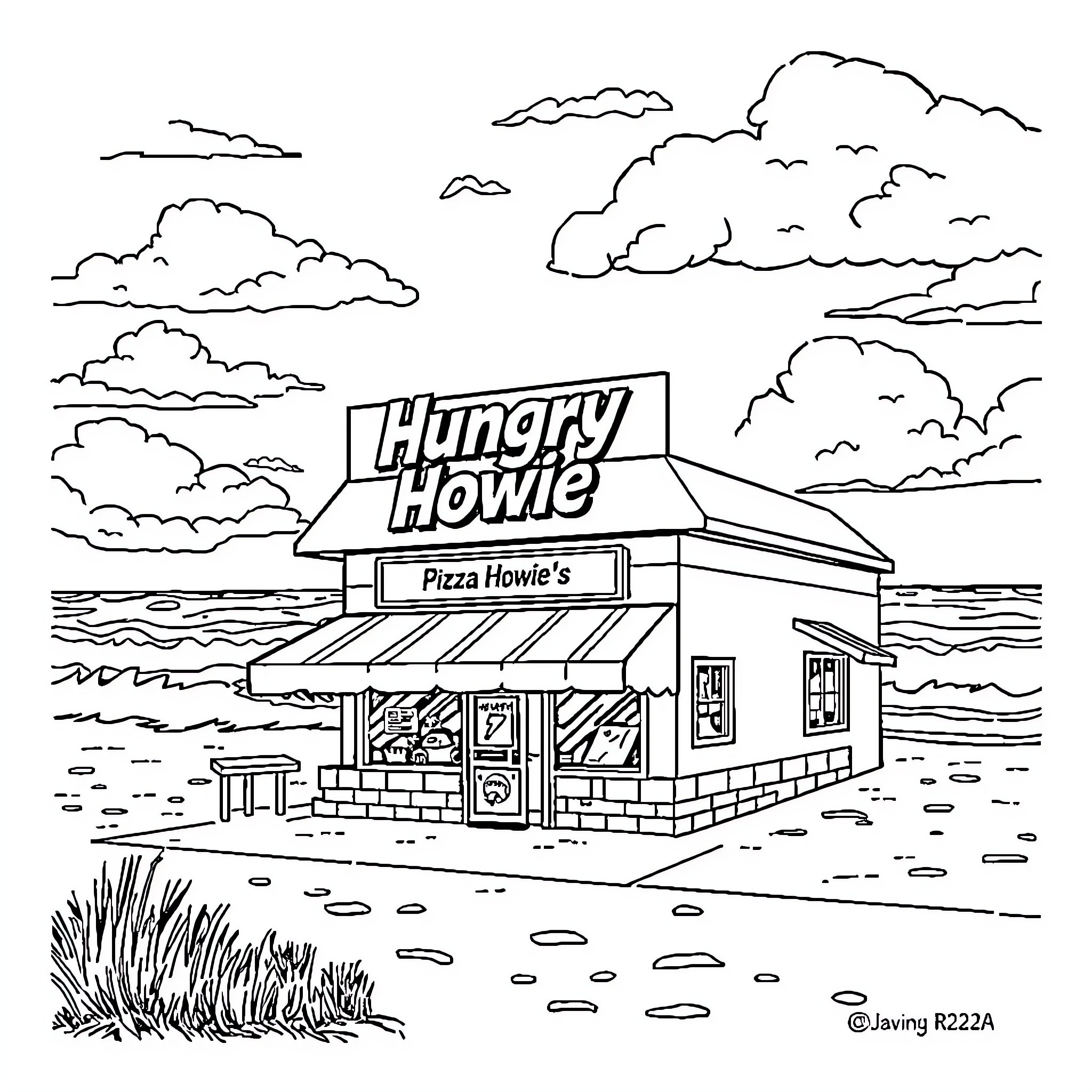 Hungry Howie's Pizza Shop on the Beach Coloring Page (free black-and-white line drawing printable PDF for all, from beginners to advanced learners, including children, teens, adults, and seniors)