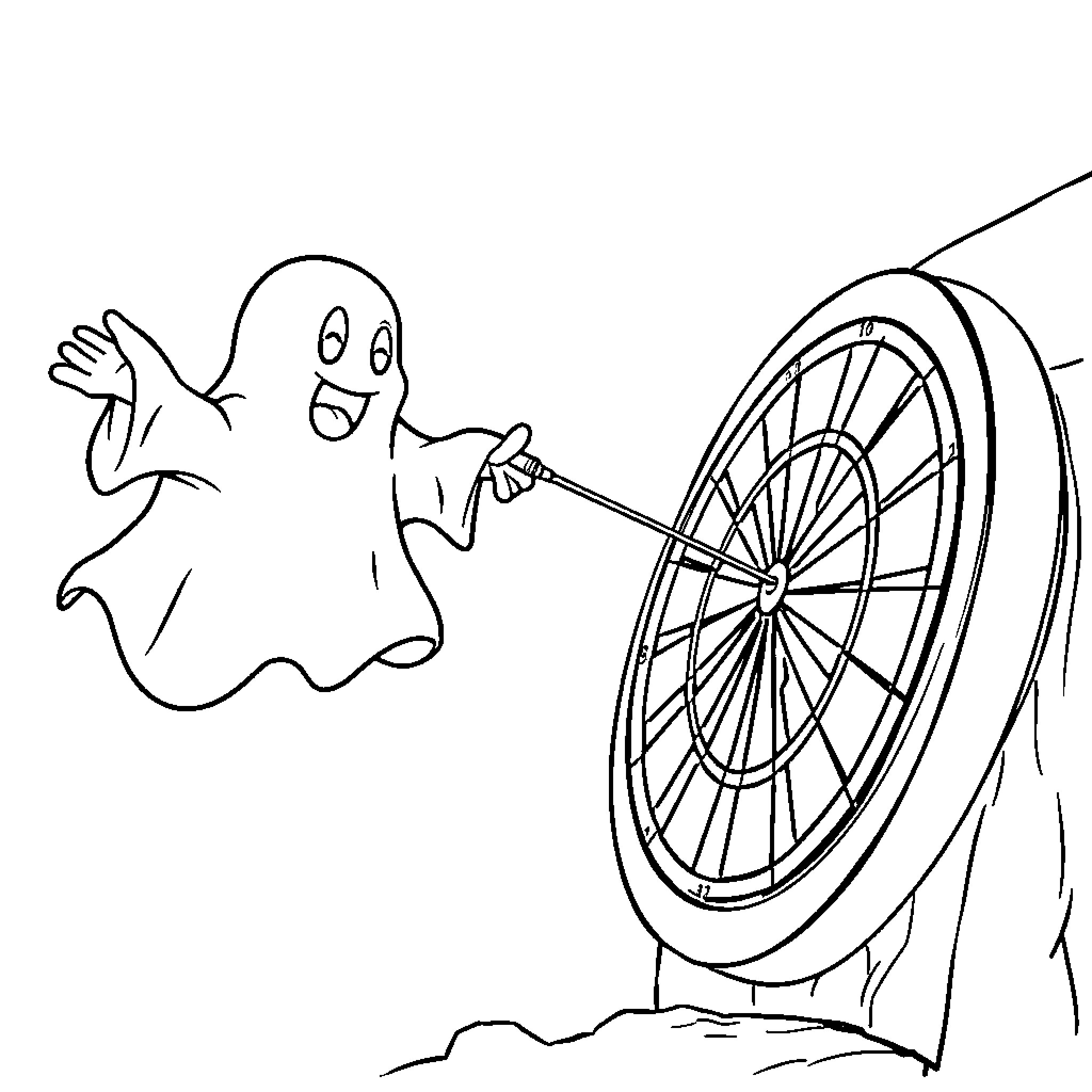 Ghost playing with a spinning wheel Coloring Page (free black-and-white line drawing printable PDF for all, from beginners to advanced learners, including children, teens, adults, and seniors)