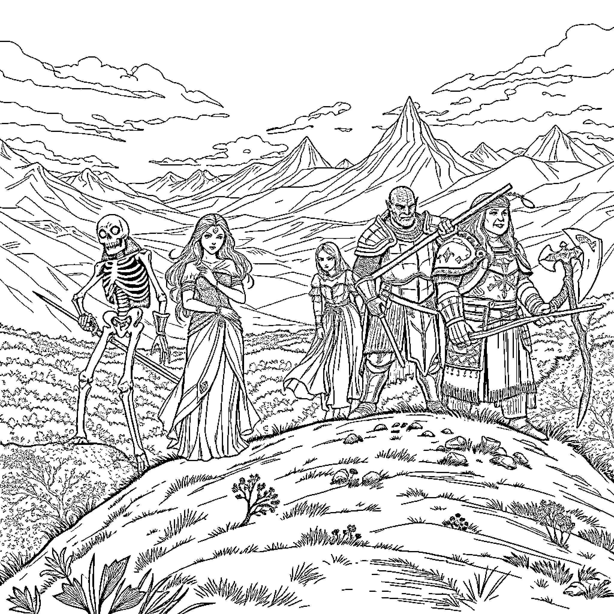 Warrior Figures Traversing Fantastical Mountainous Landscape Coloring Page (free black-and-white line drawing printable PDF for all, from beginners to advanced learners, including children, teens, adults, and seniors)
