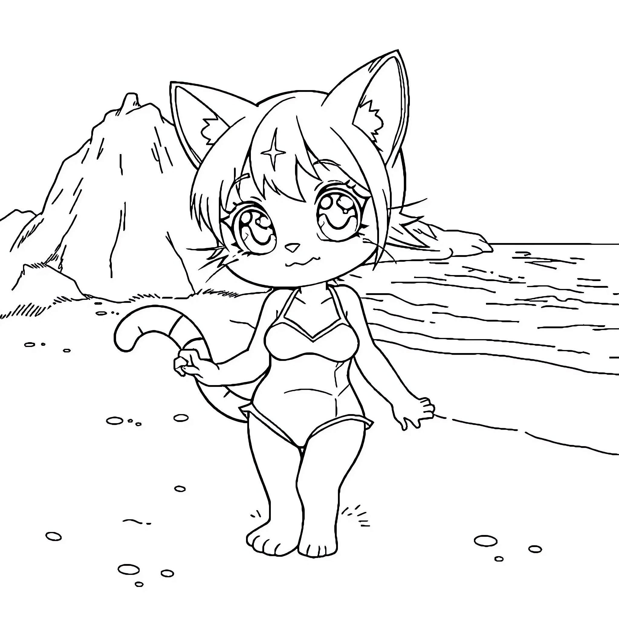 Cat Girl enjoying the beach Coloring Page (free black-and-white line drawing printable PDF for all, from beginners to advanced learners, including children, teens, adults, and seniors)