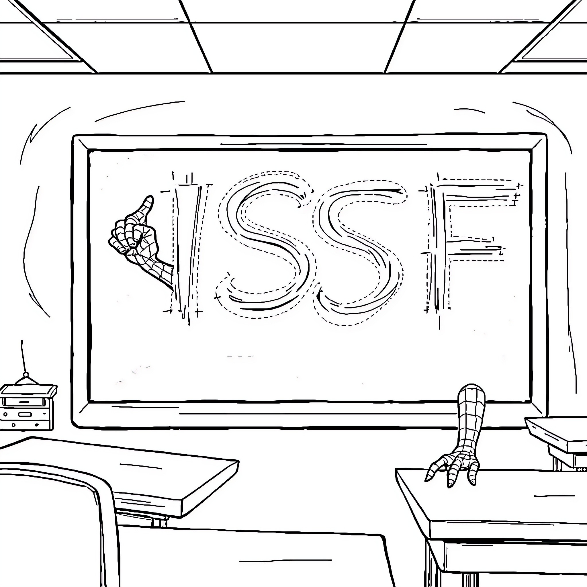 Spider-Man Sketching Classroom Scene Coloring Page (free black-and-white line drawing printable PDF for all, from beginners to advanced learners, including children, teens, adults, and seniors)