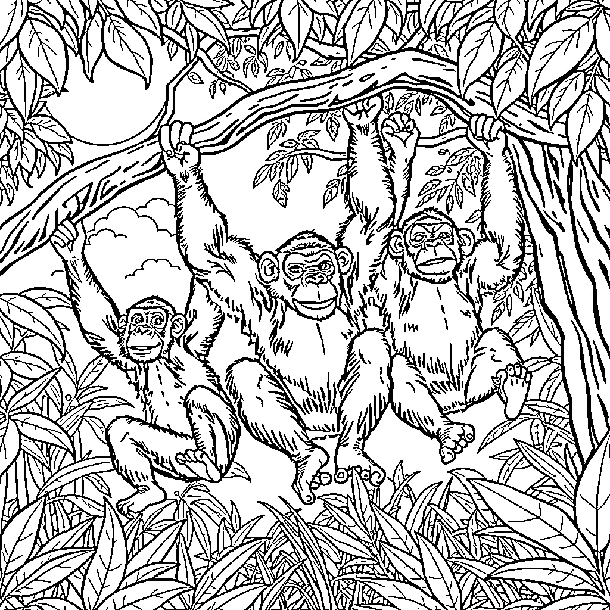 Chimpanzees swinging playfully in the jungle Coloring Page (free black-and-white line drawing printable PDF for all, from beginners to advanced learners, including children, teens, adults, and seniors)