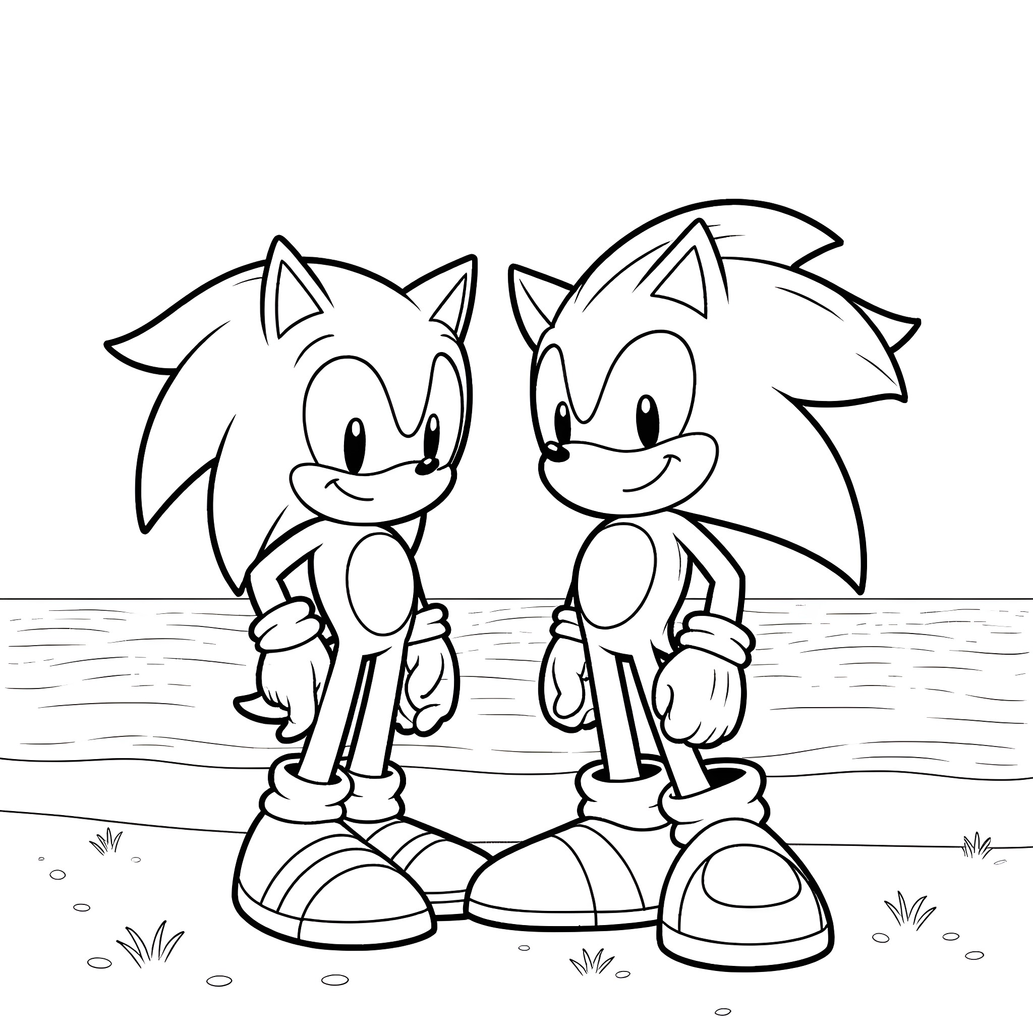 Sonic characters in a simple scene Coloring Page (free black-and-white line drawing printable PDF for all, from beginners to advanced learners, including children, teens, adults, and seniors)