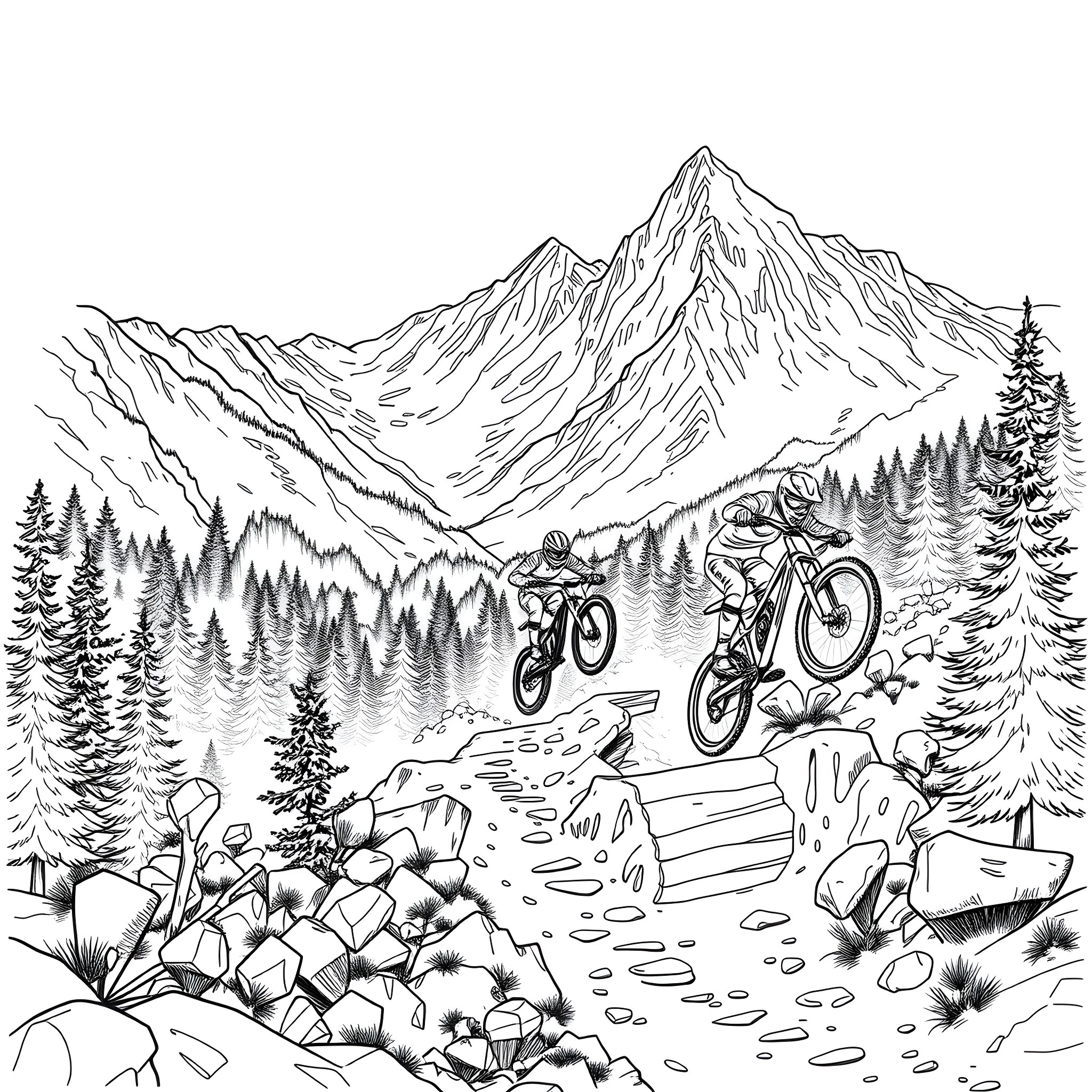 Mountain Bike Riders Navigating Rugged Terrain Coloring Page (free black-and-white line drawing printable PDF for all, from beginners to advanced learners, including children, teens, adults, and seniors)