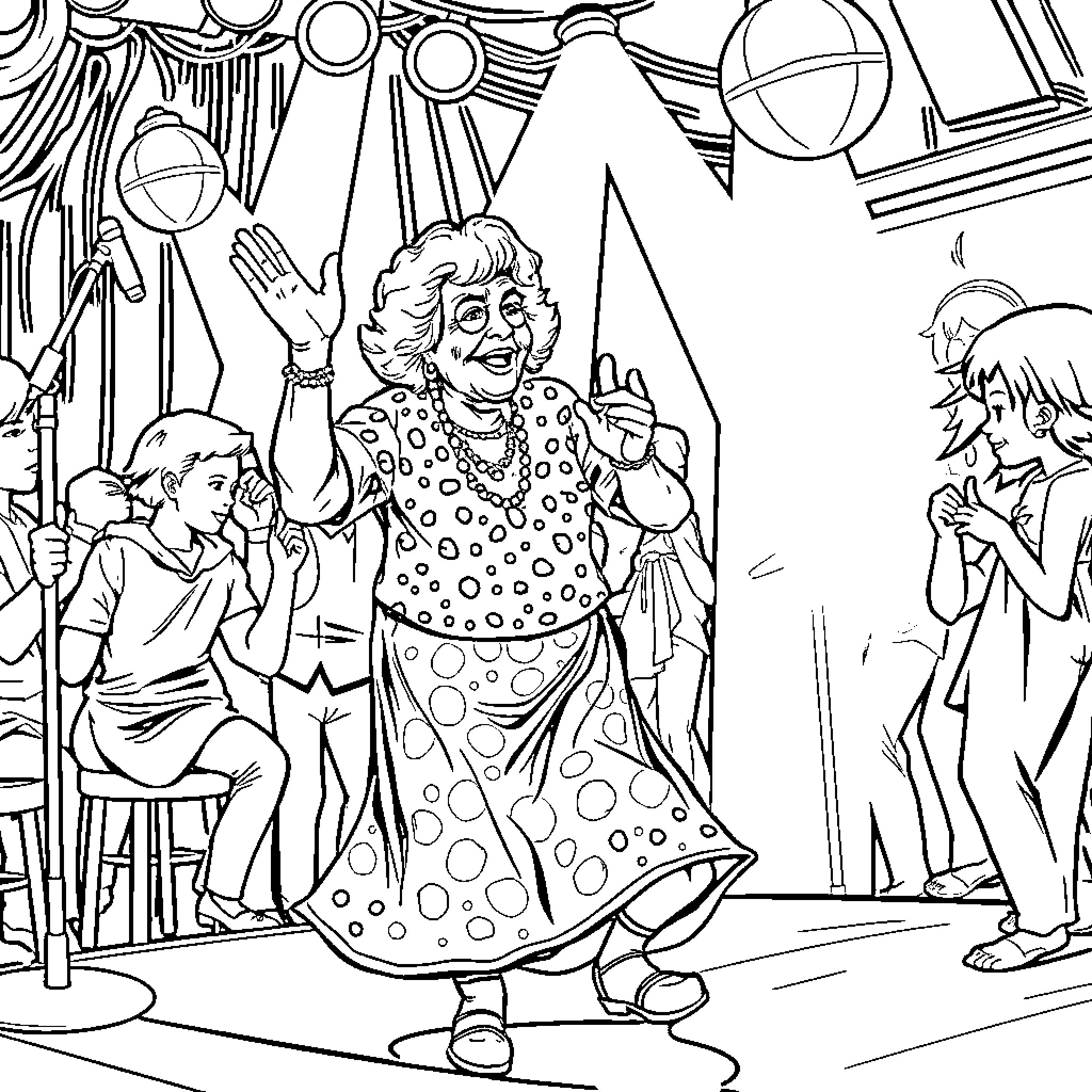Grandma entertaining guests at a party Coloring Page (free black-and-white line drawing printable PDF for all, from beginners to advanced learners, including children, teens, adults, and seniors)