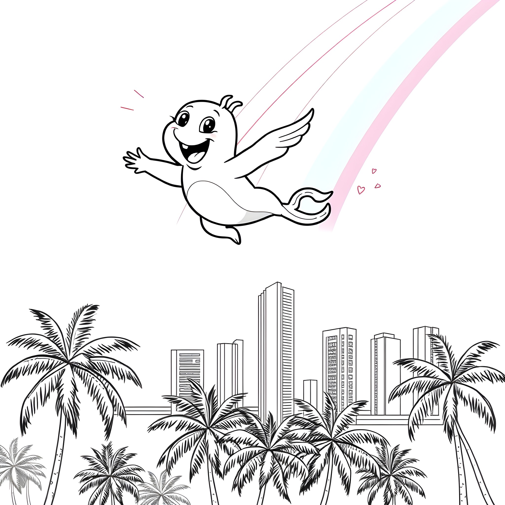 Vocabulary of Happy Cartoon Bird in Tropical City Coloring Page (free black-and-white line drawing printable PDF for all, from beginners to advanced learners, including children, teens, adults, and seniors)