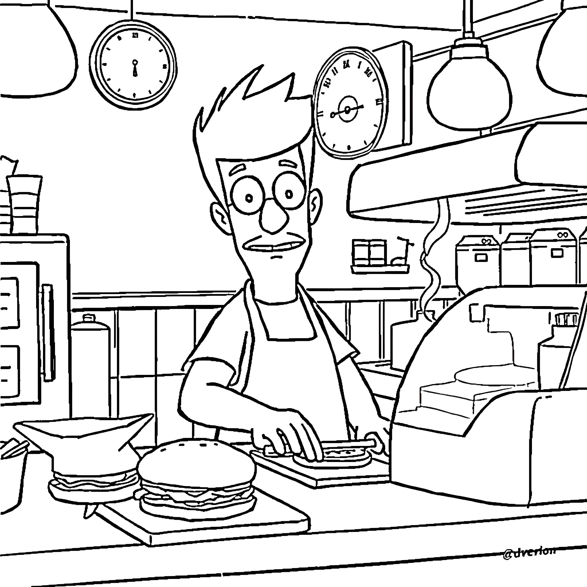 Bob Working Diligently in a Busy Kitchen Coloring Page (free black-and-white line drawing printable PDF for all, from beginners to advanced learners, including children, teens, adults, and seniors)