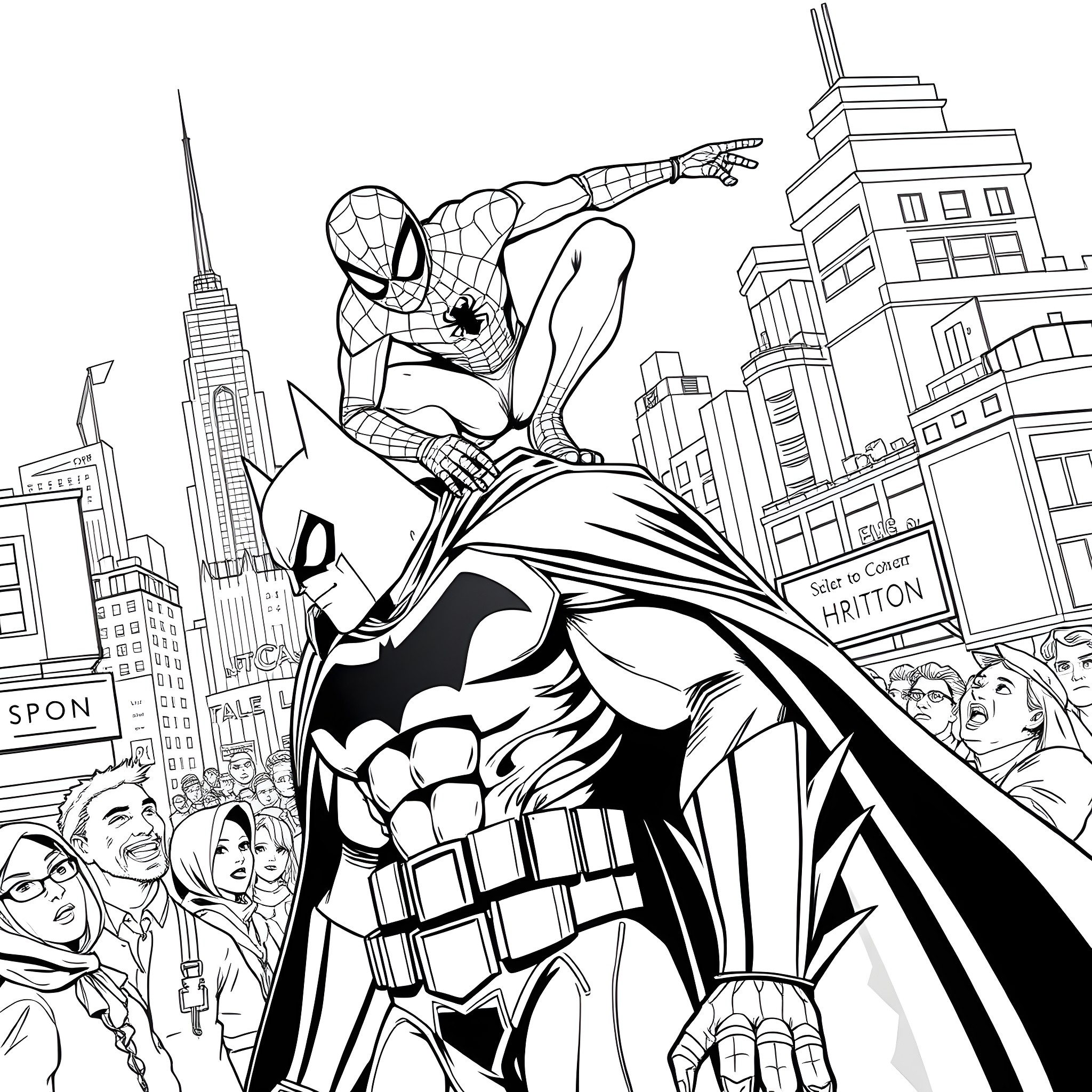 Spiderman swinging through the city with Batman Coloring Page (free black-and-white line drawing printable PDF for all, from beginners to advanced learners, including children, teens, adults, and seniors)