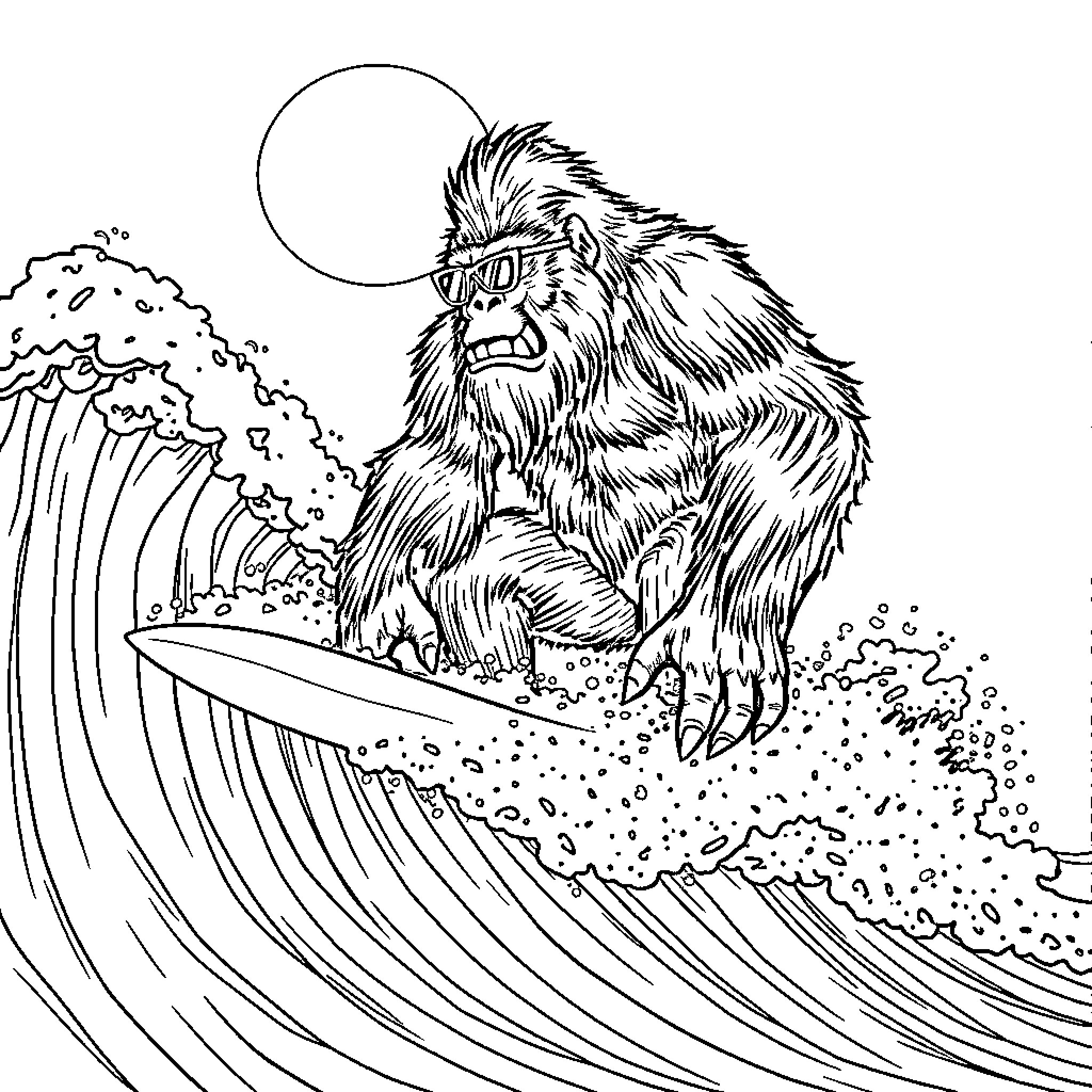 Bigfoot surfing on a massive wave Coloring Page (free black-and-white line drawing printable PDF for all, from beginners to advanced learners, including children, teens, adults, and seniors)