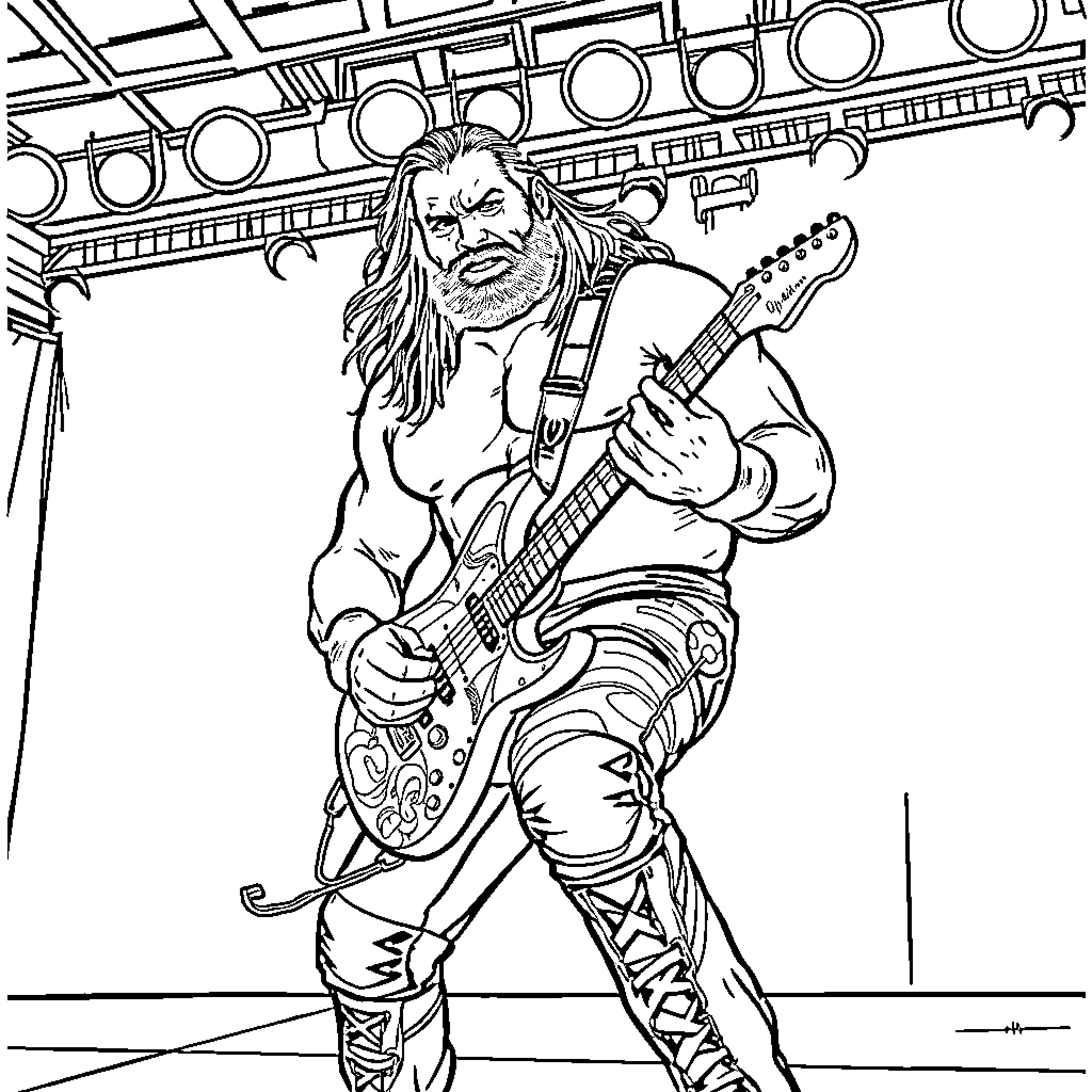 Wrestler Performing on Stage with Electric Guitar Coloring Page (free black-and-white line drawing printable PDF for all, from beginners to advanced learners, including children, teens, adults, and seniors)