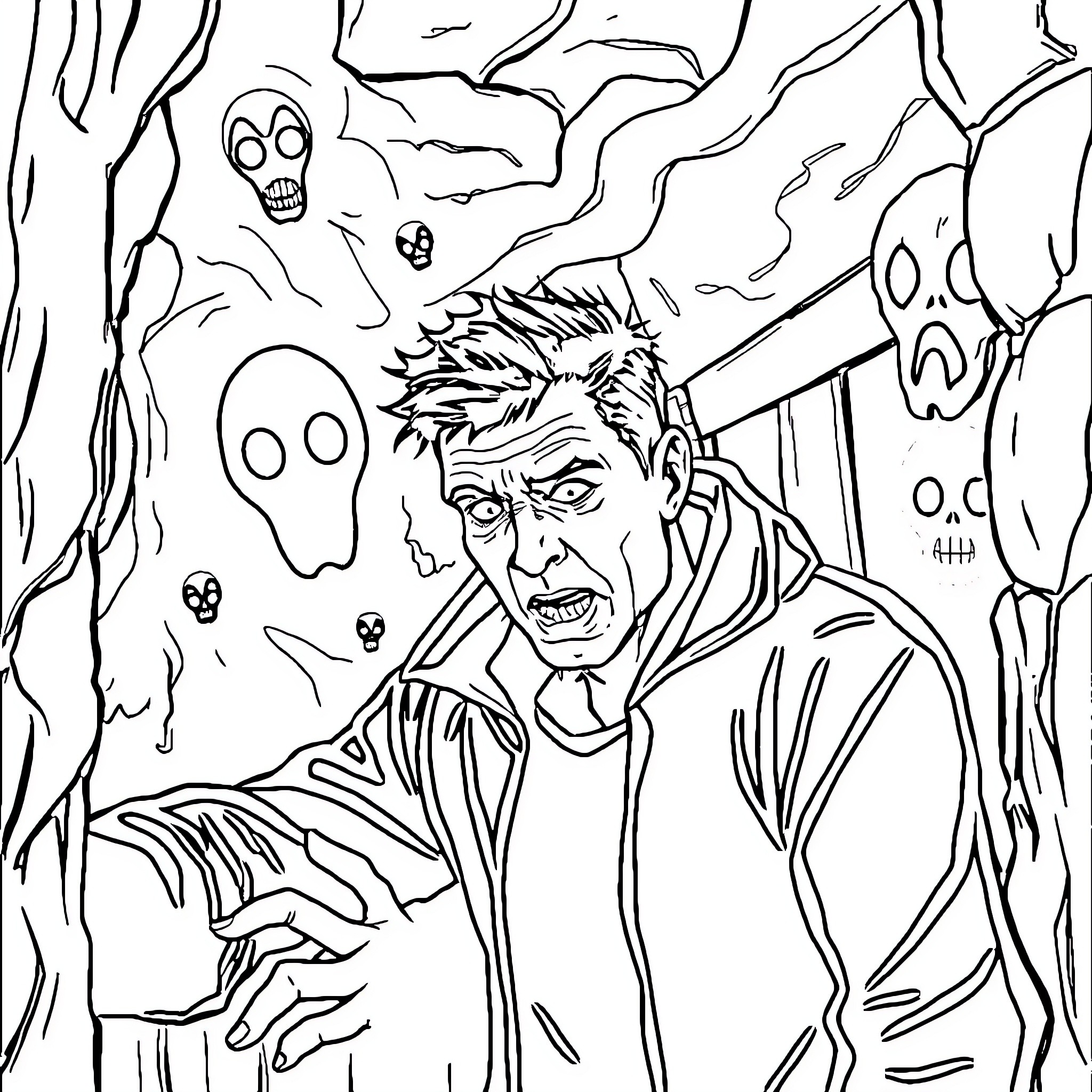 Man encountering supernatural beings in a spooky setting Coloring Page (free black-and-white line drawing printable PDF for all, from beginners to advanced learners, including children, teens, adults, and seniors)