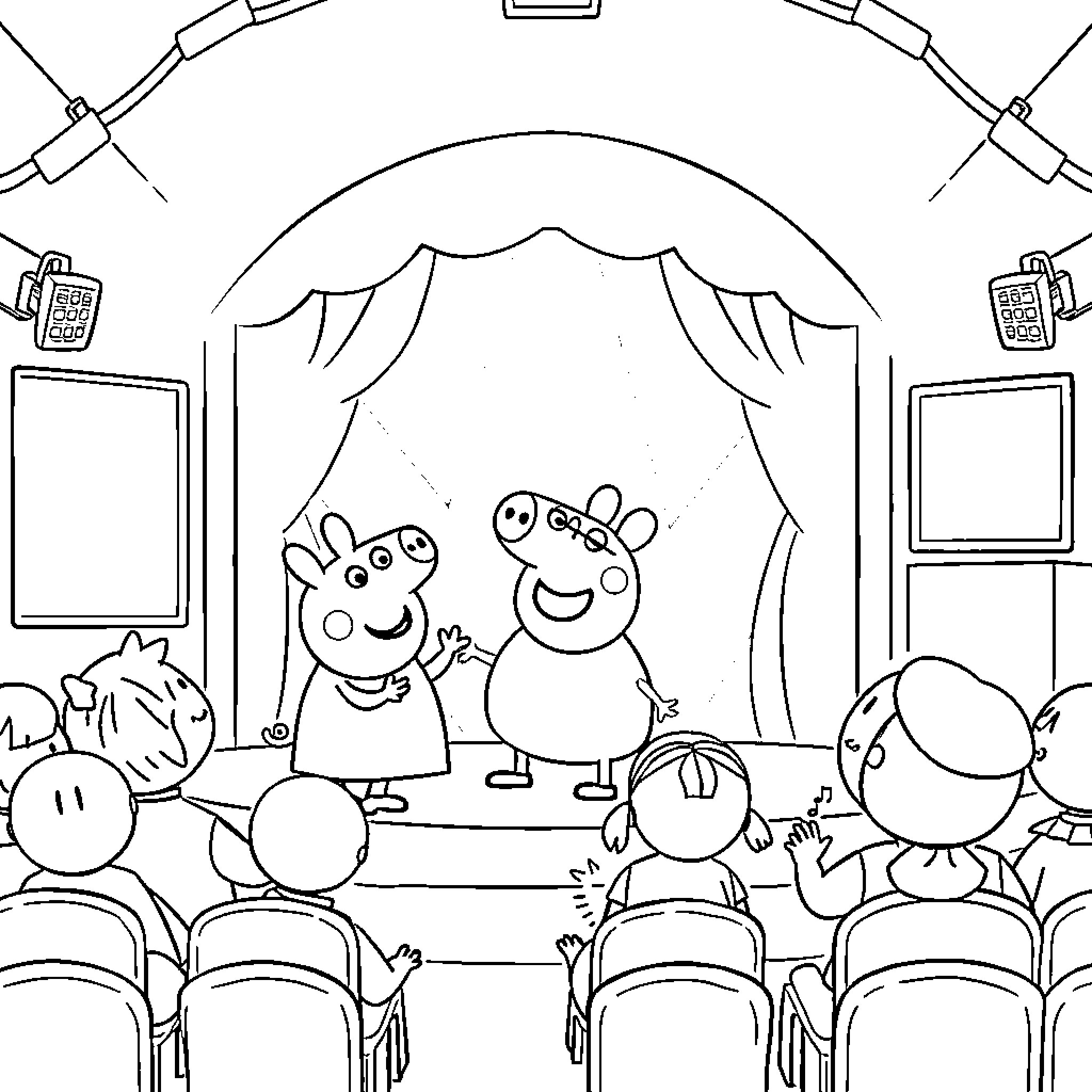 Peppa Pig and friends on stage in a play Coloring Page (free black-and-white line drawing printable PDF for all, from beginners to advanced learners, including children, teens, adults, and seniors)