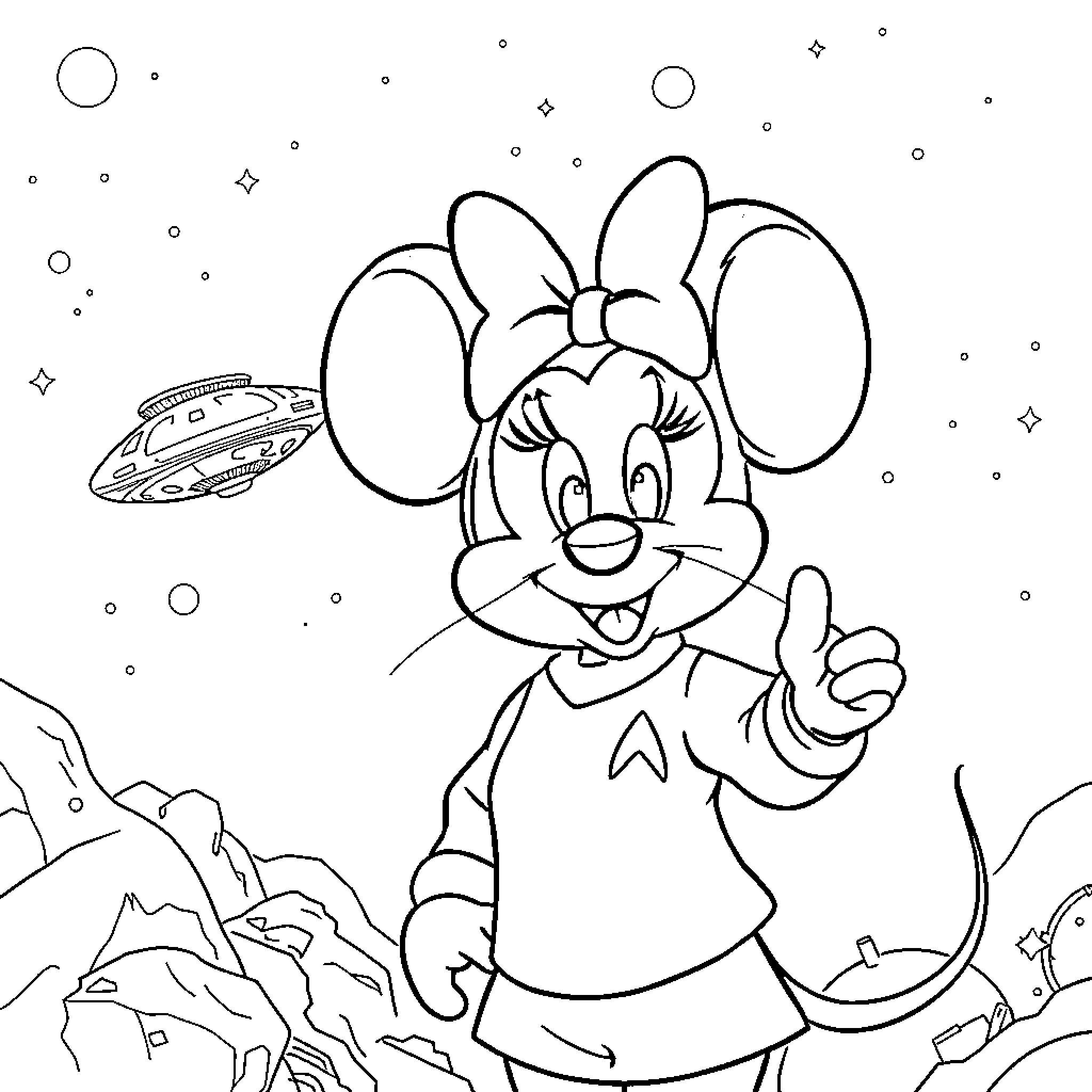 Minni Mouse exploring a fantasy world with a flying saucer Coloring Page (free black-and-white line drawing printable PDF for all, from beginners to advanced learners, including children, teens, adults, and seniors)