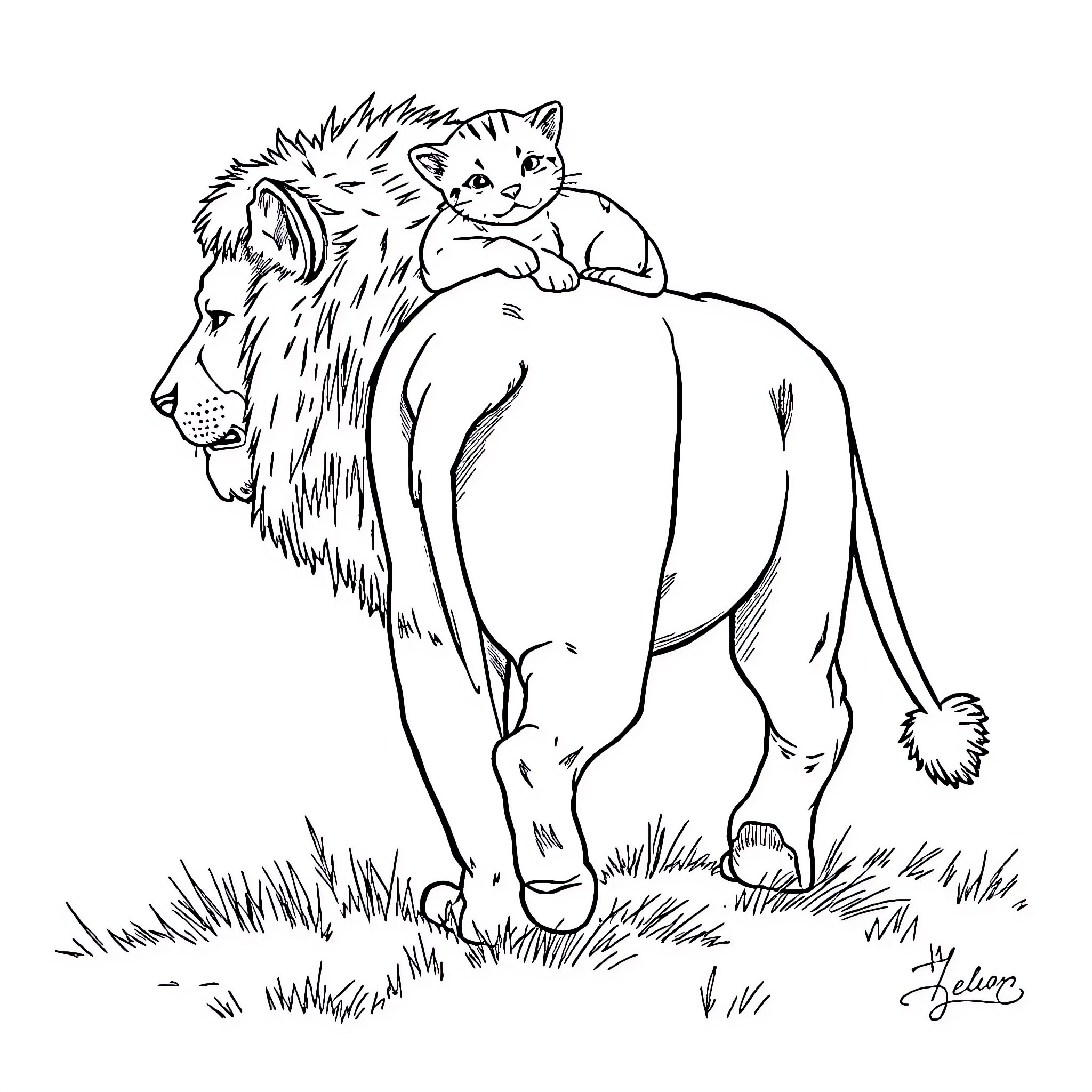 Kitten perched on a playful lion Coloring Page (free black-and-white line drawing printable PDF for all, from beginners to advanced learners, including children, teens, adults, and seniors)