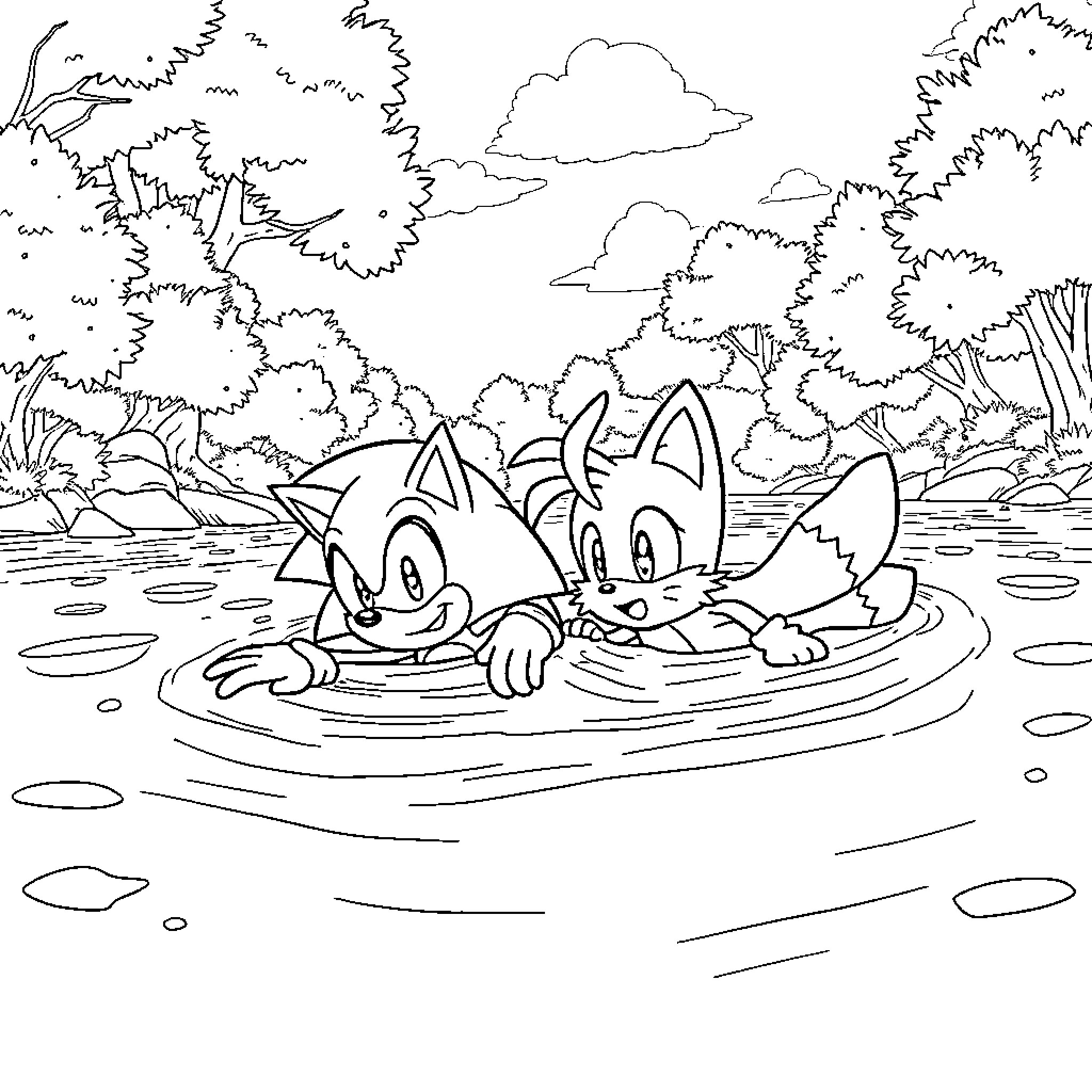 Sonic and Friends Relaxing by the River Coloring Page (free black-and-white line drawing printable PDF for all, from beginners to advanced learners, including children, teens, adults, and seniors)