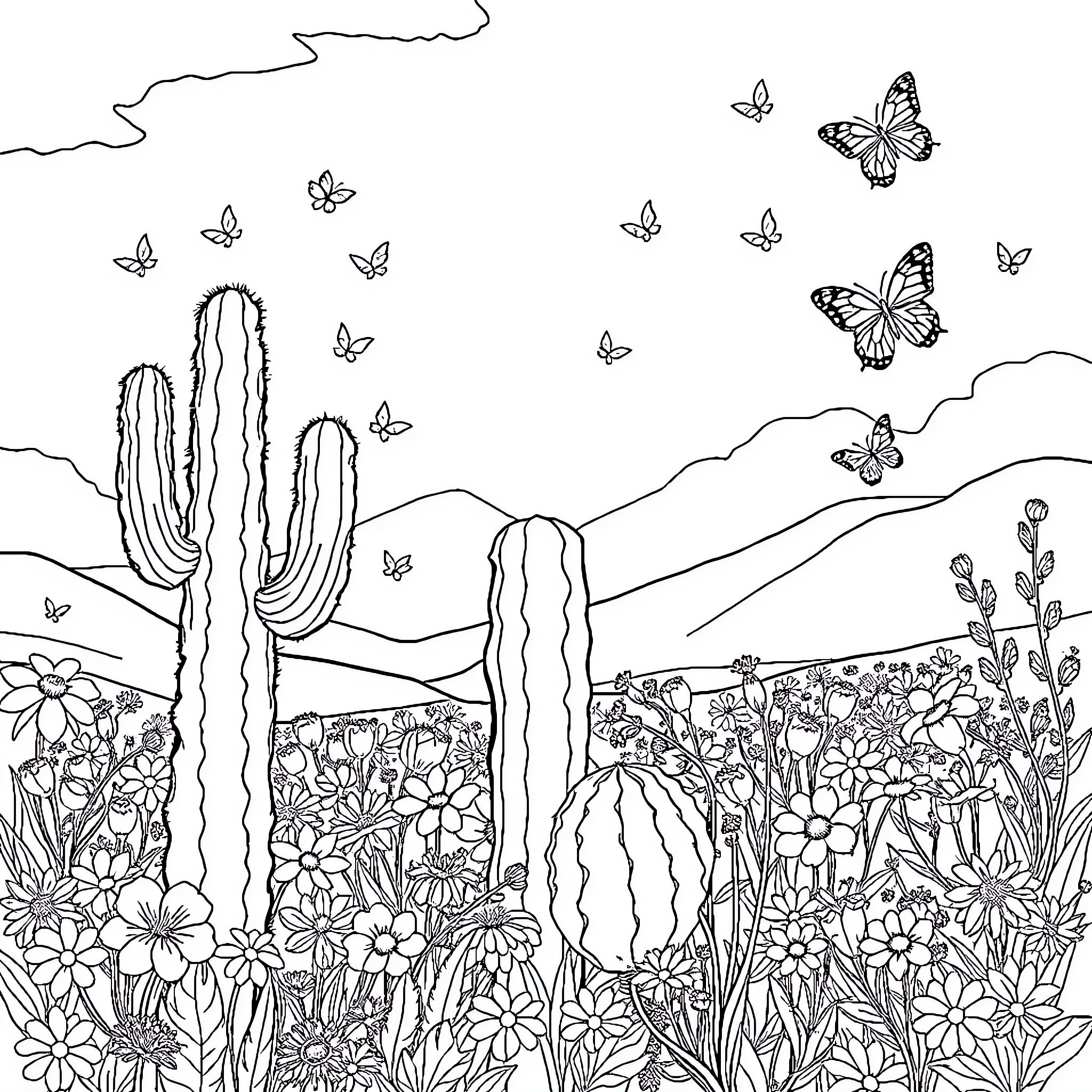 Cactus Meadow with Butterflies Coloring Page (free black-and-white line drawing printable PDF for all, from beginners to advanced learners, including children, teens, adults, and seniors)