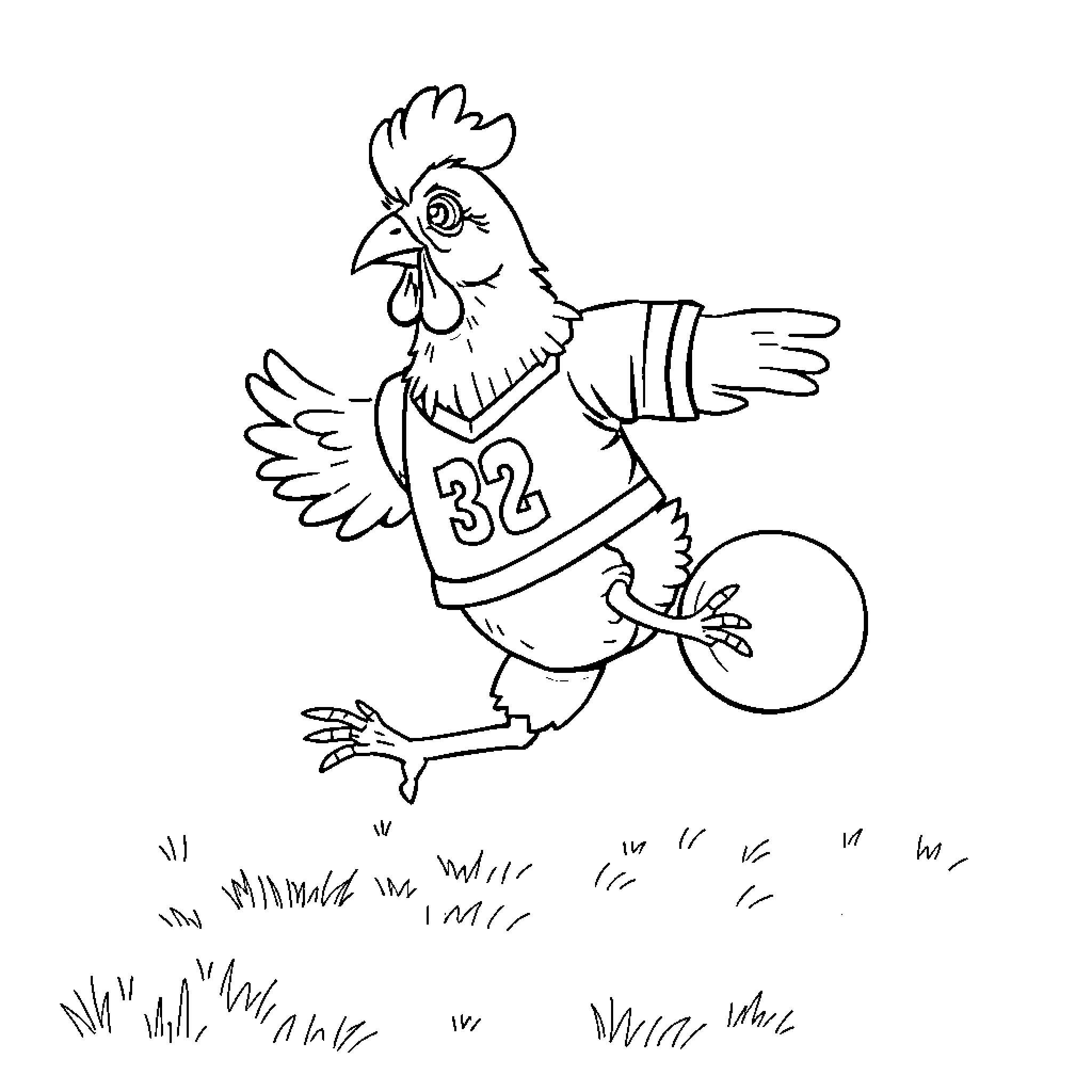 Chicken running with ball in jersey Coloring Page (free black-and-white line drawing printable PDF for all, from beginners to advanced learners, including children, teens, adults, and seniors)