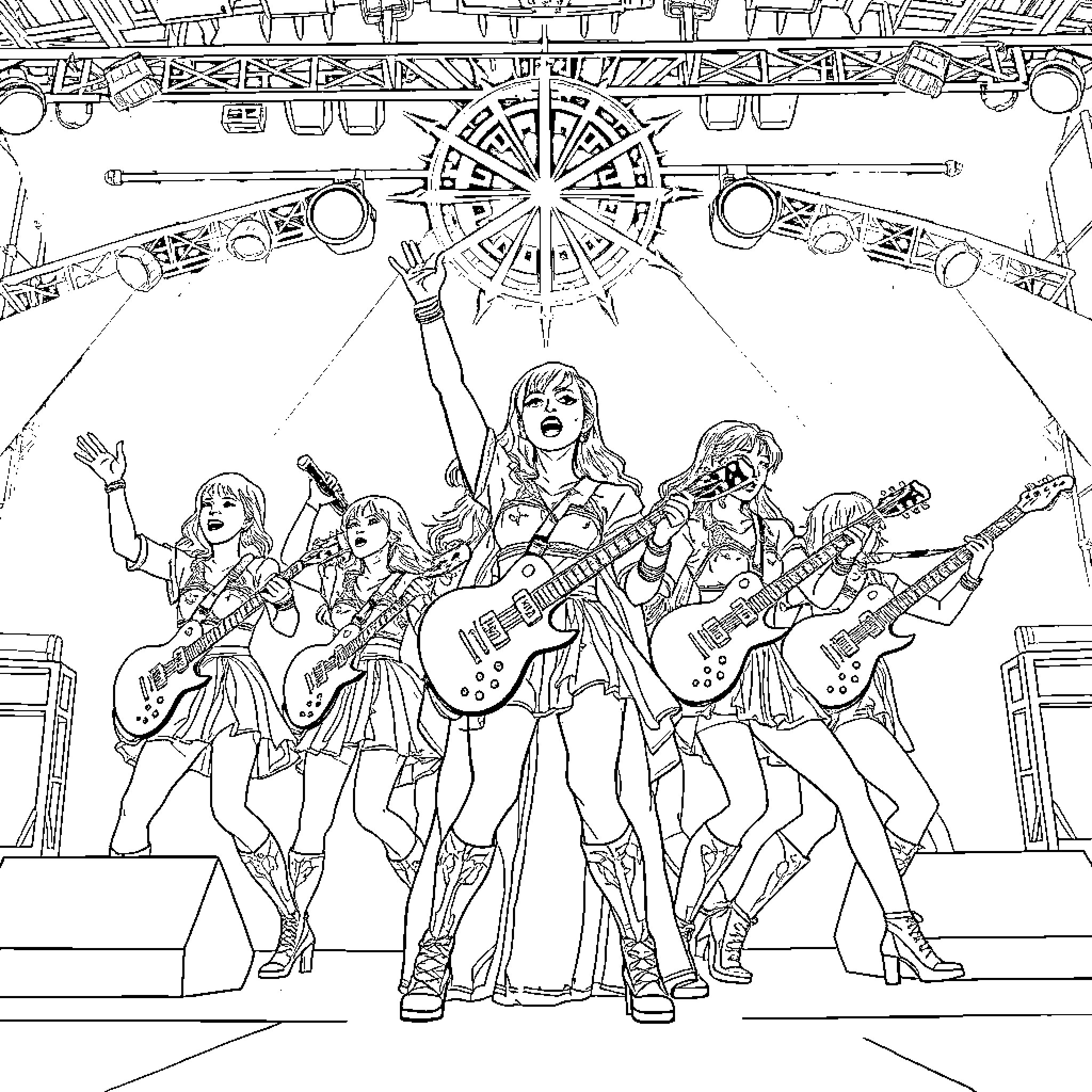Rumi's Rock Band Performing on Stage Coloring Page (free black-and-white line drawing printable PDF for all, from beginners to advanced learners, including children, teens, adults, and seniors)